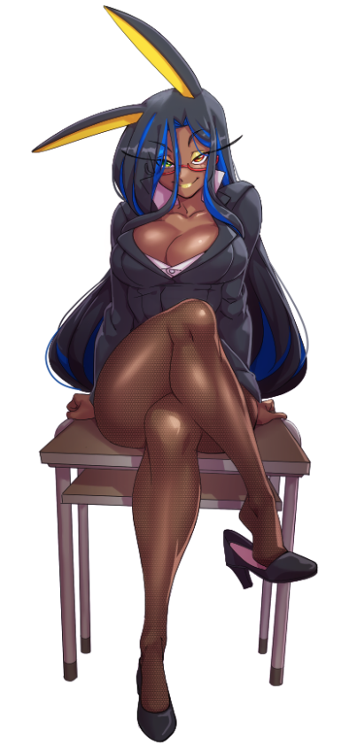 1girls big_breasts blush clothed clothing dark_skin female glasses heterochromia inner_sideboob large_breasts long_hair looking_at_viewer multicolored_hair nisego original relicta_(nisego) solo solo_female stockings teacher thick_thighs