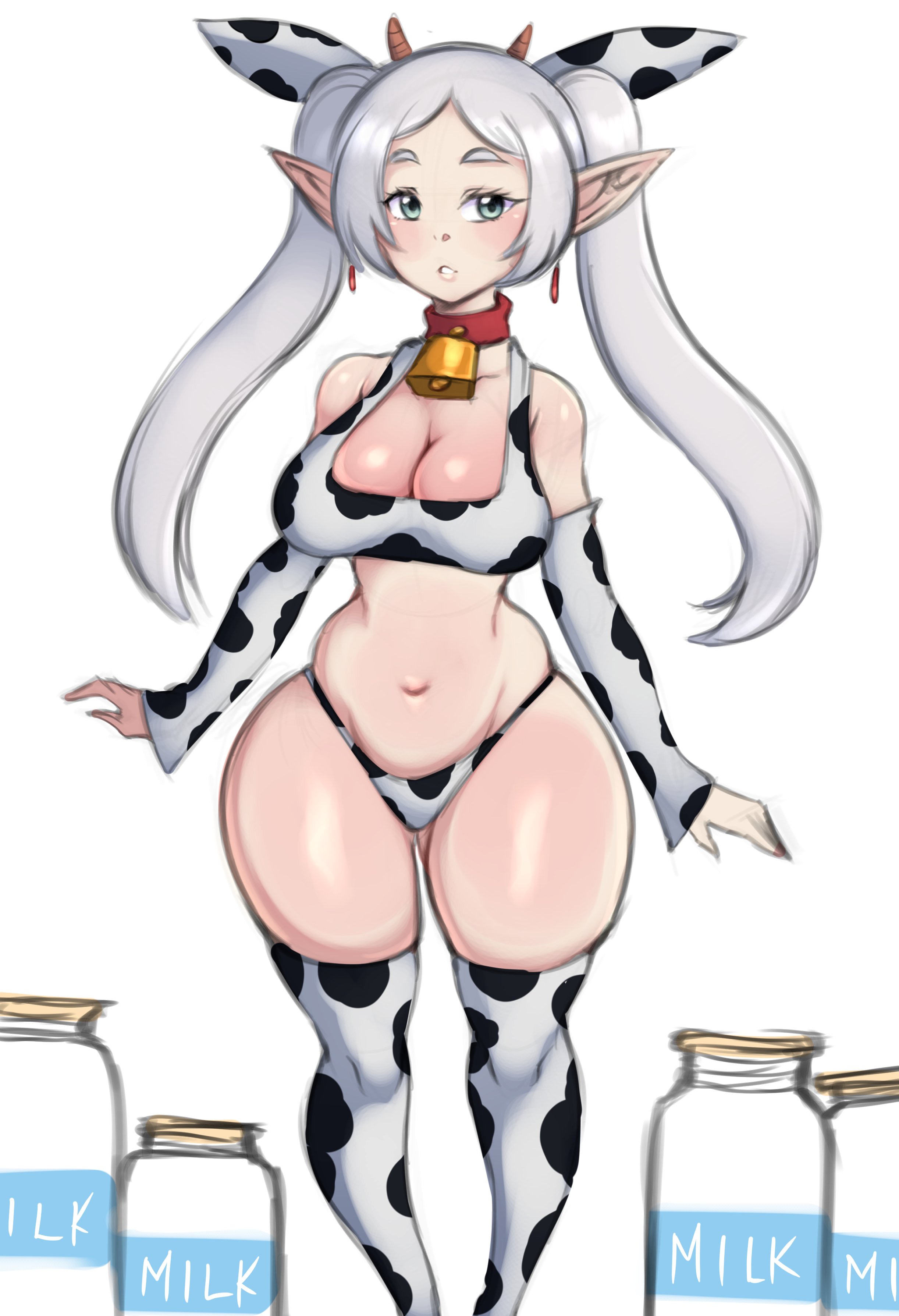 1girls, alternate breast size, breasts, cow print, cow print armwear, cow print thighhighs, cowbell, elf, elf ears, elf female, female, frieren, green eyes, human only, large breasts, light skin, light-skinned female, long hair, midriff, pointy ears, saltyxodium, simple background, sousou no frieren, thick thighs, twintails, very high resolution, white background, white hair, wide hips
