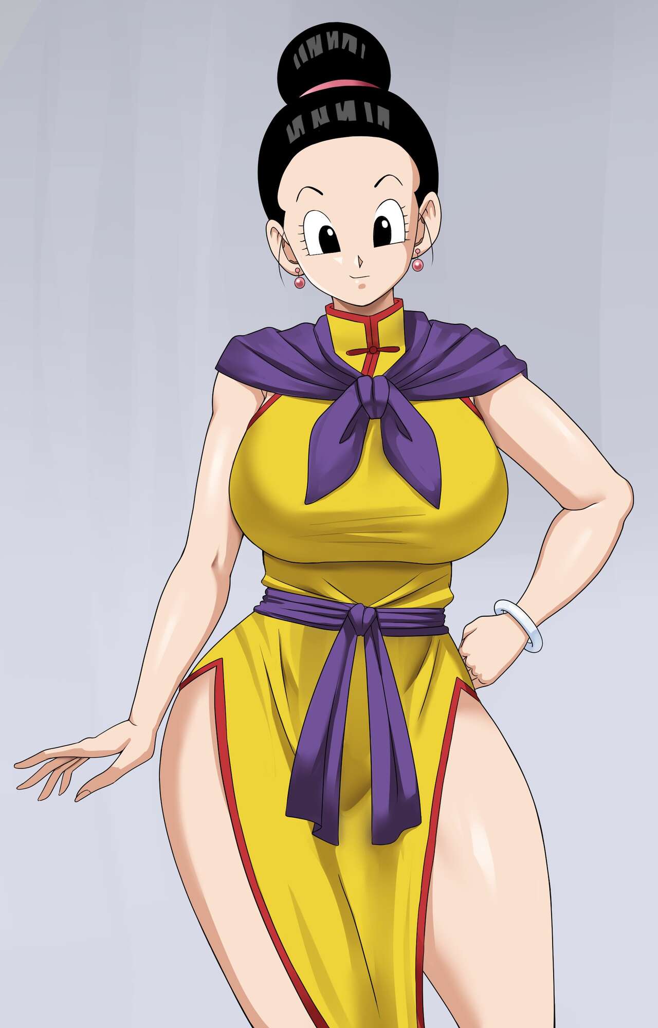 2d, ass, bare legs, bare thighs, black eyes, black hair, bottomless, breasts, chichi, chichi (majin buu saga), china dress, chinese clothes, dragon ball, dragon ball super, dragon ball z, ear piercing, earrings, female, female focus, full color, fully clothed, hair bun, jewelry, large breasts, legs, mature, mature female, milf, no pants, no penetration, pelvic curtain, piercing, pinkpawg, short hair, smile, solo, solo female, tied hair, voluptuous