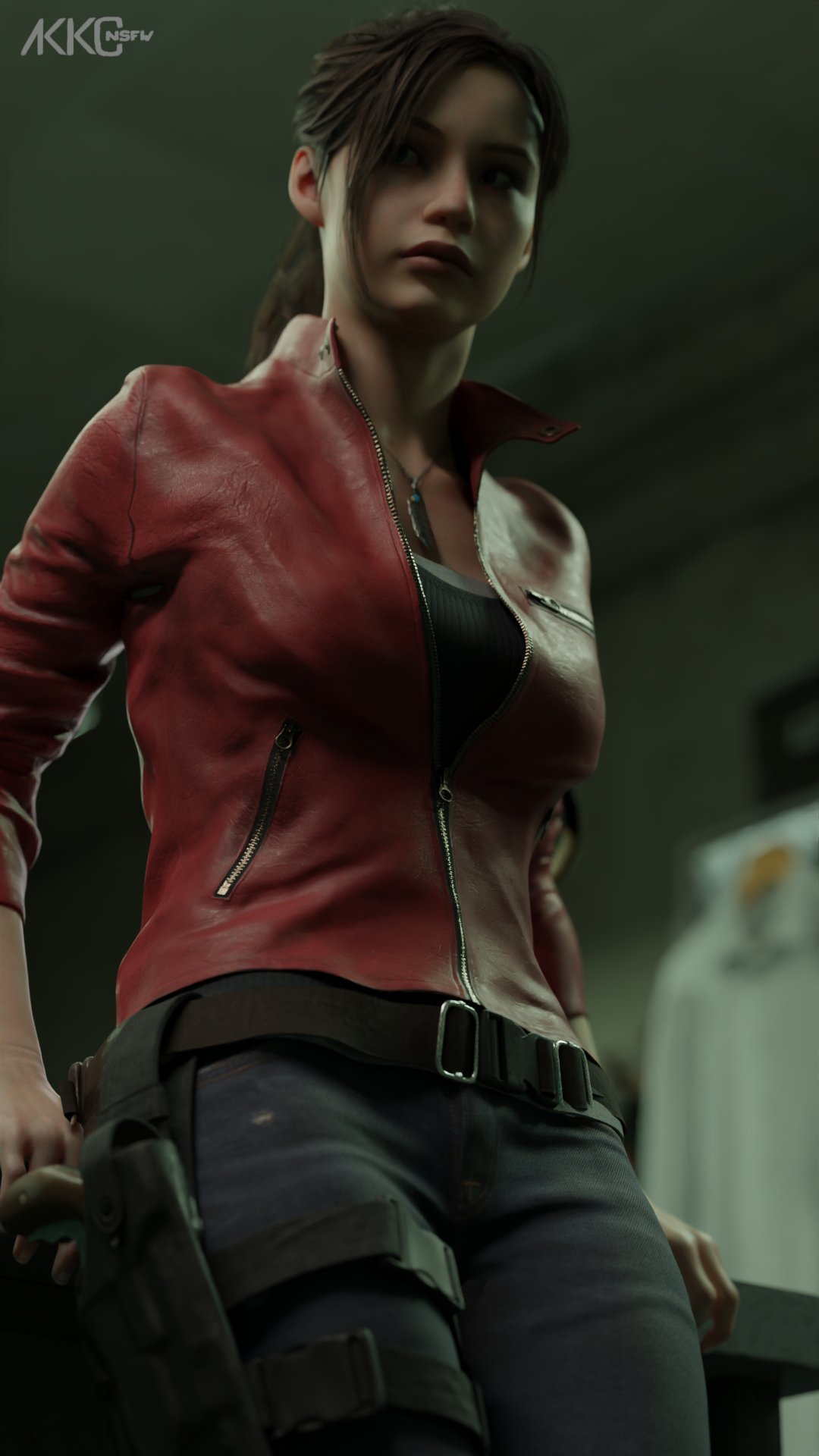 1girls, 3d, akkonsfw, belt, blender, blue eyes, brown hair, claire redfield, clothing, female, female only, firearm, fully clothed, handgun, human, jacket, legwear, pale skin, pinup, resident evil, resident evil 2, resident evil 2 remake, revolver, self upload, sfw, solo, weapon