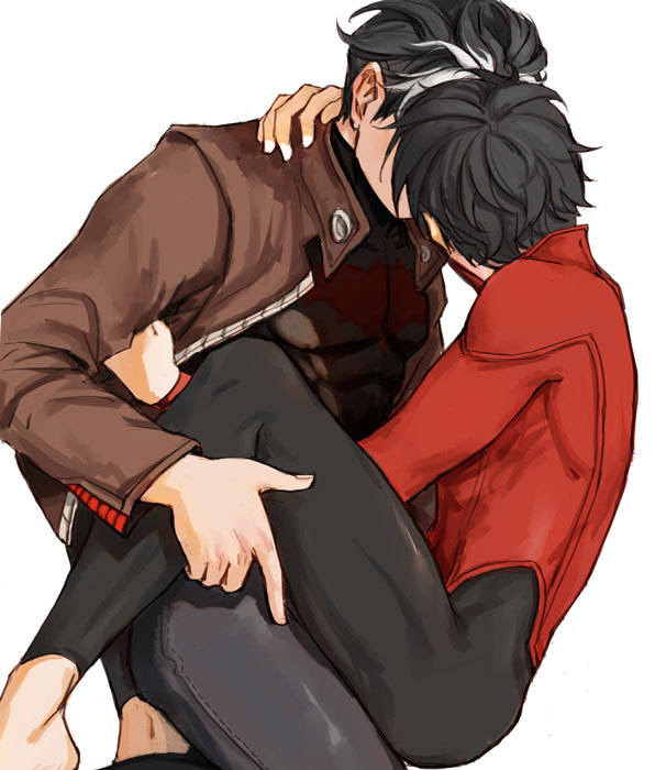 2boys abs batman_(series) cling clinging dc dc_comics gay jason_todd kissing legs_around_partner making_out male male/male male_only no_visible_genitalia on_lap red_hood_(dc) red_robin skin_tight skinny thighs tight_clothing tim_drake yaoi young