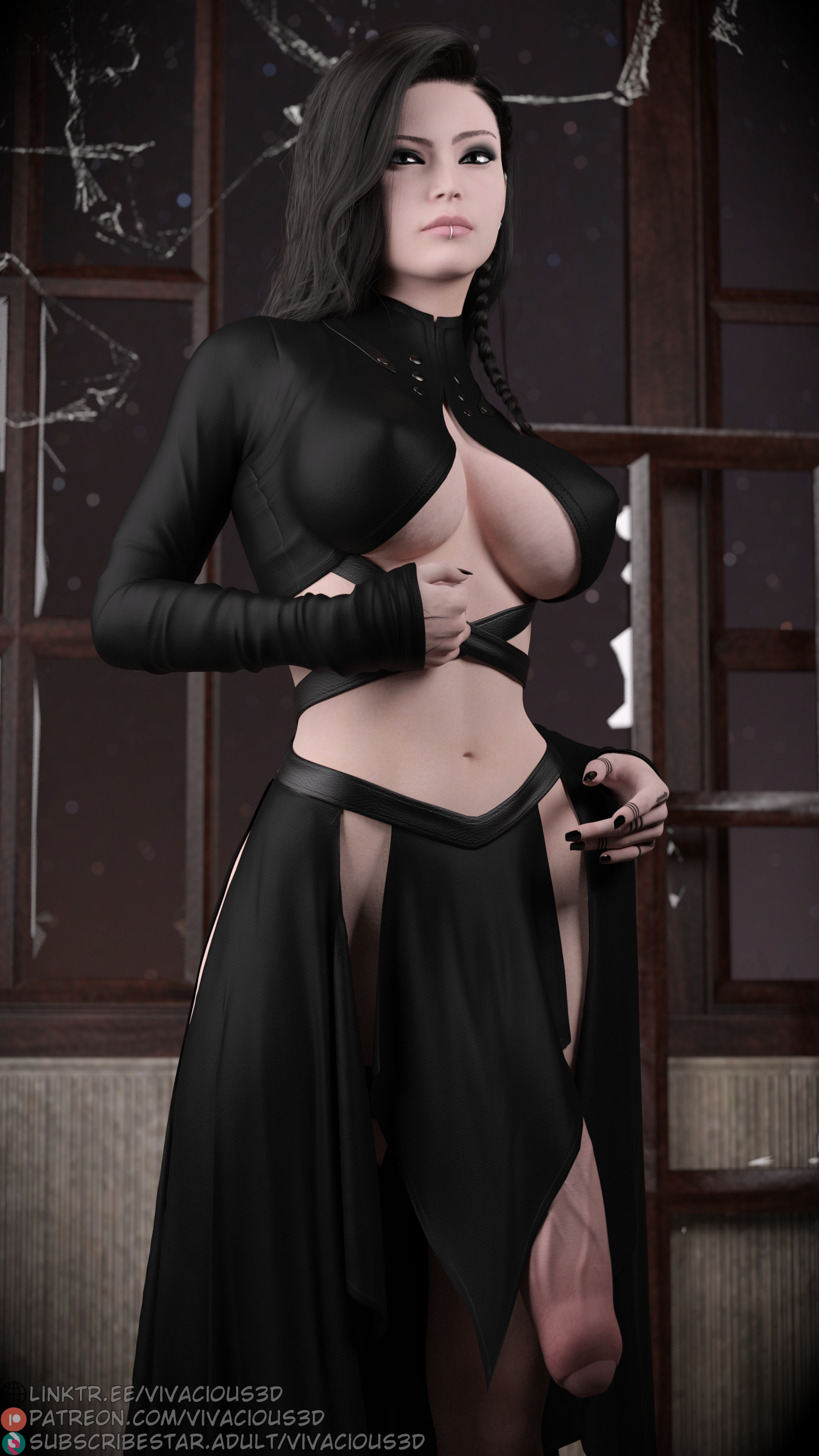 3d, 3d (artwork), 3dx, black hair, breasts, dickgirl, female, futa only, futadom, futanari, goth, goth girl, huge cock, intersex, large breasts, large penis, lillian (vivacious3d), pale skin, penis, penis under clothes, penis under skirt, solo futa, underboob, vivacious3d
