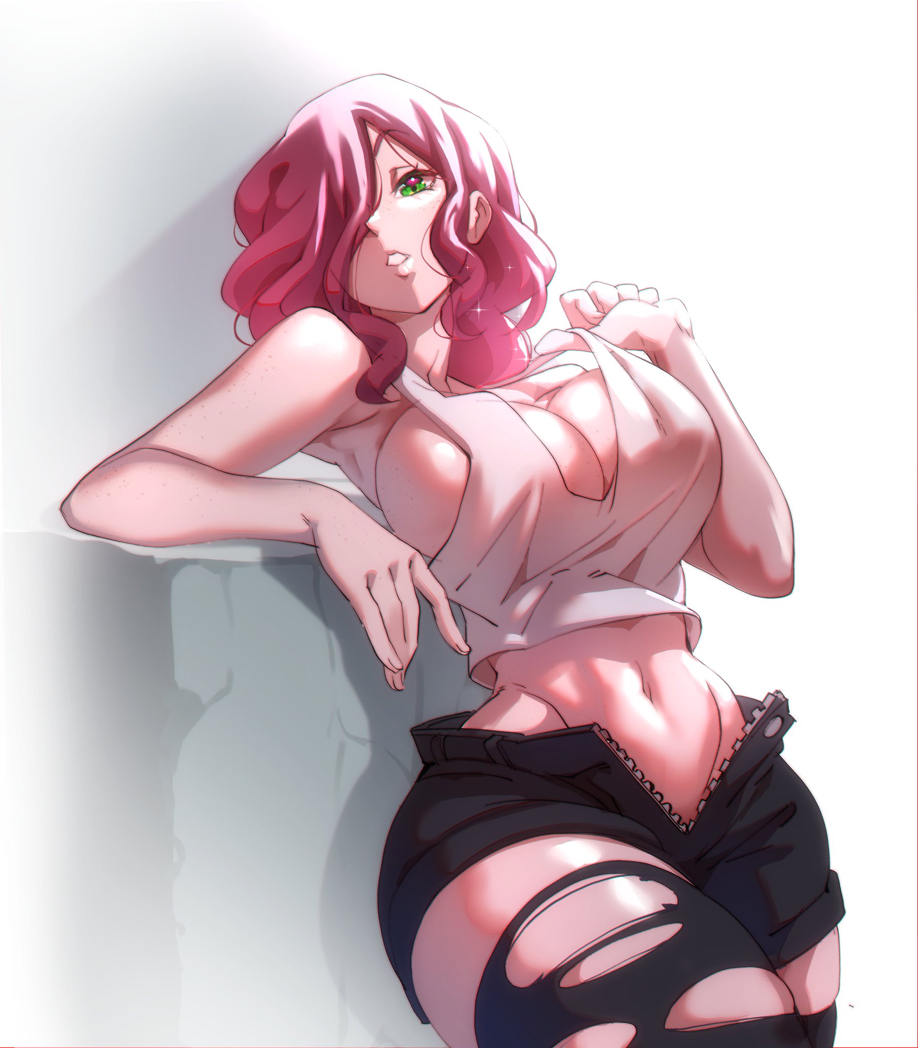 1girls, big breasts, breasts, clothed, clothing, female, female only, green eyes, large breasts, long hair, looking at viewer, nisego, one eye covered, original character, purple hair, ripped clothing, solo, solo female