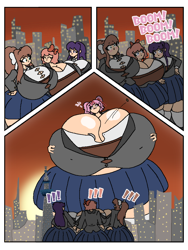 :3, 4girls, ass, ass bigger than head, backboob, big hips, big thighs, boob window, breasts, breasts bigger than head, brown hair, busty, button pop, cleavage, doki doki literature club, enormous breasts, fat ass, female, female focus, female only, giant ass, giant breasts, giantess, gigantic ass, gigantic breasts, gigantic thighs, huge ass, huge breasts, huge hips, huge thighs, hyper, hyper ass, hyper breasts, hyper hips, hyper thighs, larger female, macro, massive ass, massive hips, massive thighs, monika (doki doki literature club), natsuki (doki doki literature club), onomatopoeia, pink hair, pleated skirt, purple hair, queencurvy, round ass, round breasts, sayori (doki doki literature club), scared, school uniform, size difference, skirt, smaller female, smile, sound effects, straining, straining clothing, thick ass, thick thighs, trio, underass, wide hips, yuri (doki doki literature club)