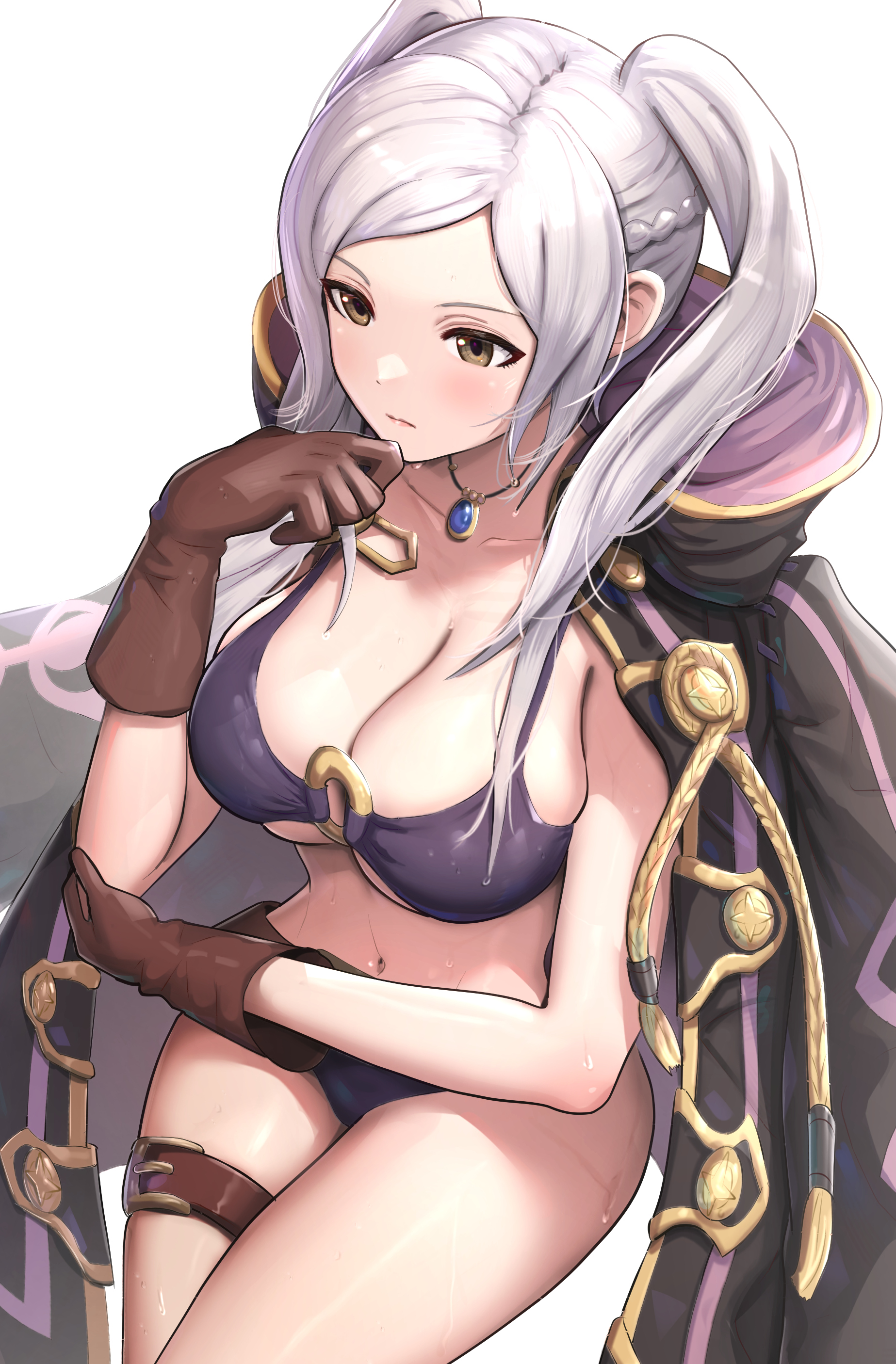 1girls, absurdres, alternate costume, bikini, black coat, breasts, brown eyes, brown gloves, cleavage, cloak, closed mouth, coat, collarbone, elbow rest, female, fire emblem, fire emblem awakening, fire emblem heroes, from above, gloves, gonzarez, highres, hood, hooded cloak, jewelry, large breasts, light skin, light-skinned female, long hair, looking ahead, navel, nintendo, o-ring, o-ring bikini, official alternate costume, pendant, purple bikini, purple swimsuit, robin (fire emblem), robin (fire emblem) (female), sidelocks, simple background, sitting, solo, swimsuit, thigh strap, twintails, white background, white hair
