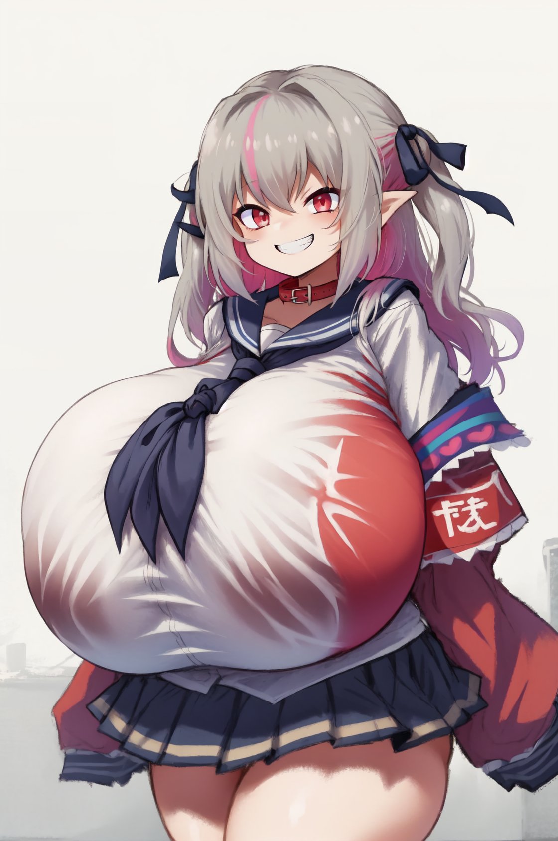 1girls ai_generated alternate_breast_size armband black_ribbon black_skirt breasts breasts_bigger_than_head cocky collar demon demon_girl dog_collar female_focus female_only gigantic_breasts gray_background gray_hair grin grinning grinning_at_viewer hair_between_eyes hair_ribbon hyper_breasts jacket large_breasts looking_at_viewer makaino_ririmu medium_hair neck_ribbon nijisanji open_mouth pink_hair pink_jacket pointy_ears red_armband red_collar red_eyes ribbon sailor_collar sailor_uniform school_uniform shortstack simple_background skirt smile smiling smiling_at_viewer solo solo_female solo_focus standing streaked_hair succubus teeth teeth_showing thighs virtual_youtuber