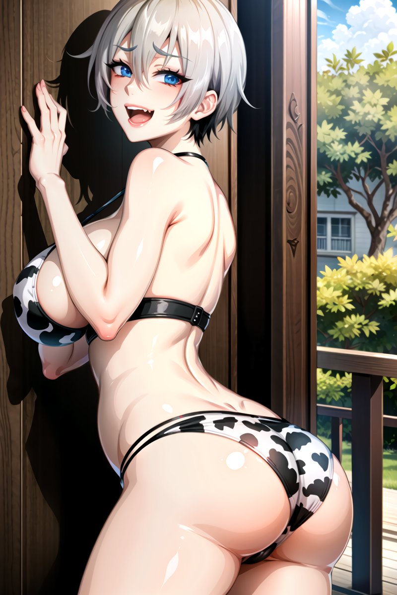 1girls, ai generated, ass, bikini, breasts, cow bikini, cow print, curvaceous, curvy body, curvy female, curvy figure, female, highres, huge breasts, looking at viewer, medium hair, seductive look, short hair, silver hair, stable diffusion, uzaki hana, uzaki-chan wa asobitai!