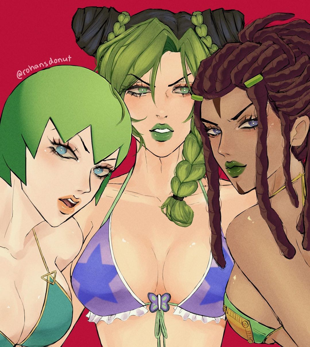 3girls bikini bikini_top black_hair blue_eyes breasts dark-skinned_female dark_skin ermes_costello female female_only foo_fighters fully_clothed green_hair green_lipstick human jojo's_bizarre_adventure jolyne_kujo light-skinned_female light_skin long_hair shounen_jump stone_ocean swimsuit