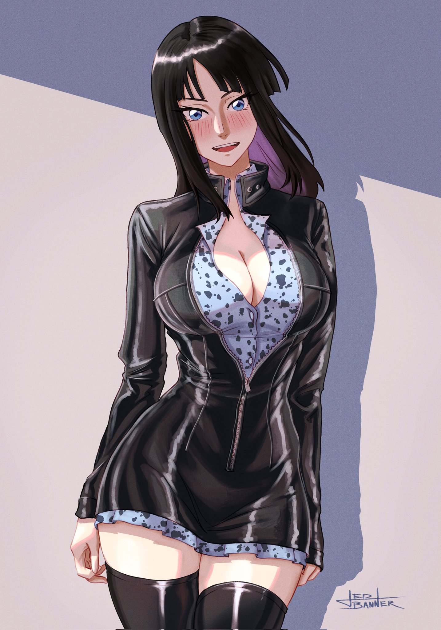 about to burst, barely contained, barely contained breasts, barely fits, black hair, black thighhighs, blue eyes, blush, boob window, breasts, breasts too big, bursting breasts, cleavage, clothed, clothing, female, female only, hourglass figure, imminent wardrobe malfunction, jed banner, large breasts, leather jacket, long hair, looking at viewer, mature female, nico robin, one piece, overflowing breasts, pre-timeskip, short skirt, strained zipper, thighhighs, tight fit, too tight, unbuttoned, unbuttoned shirt, undersized clothes, undersized clothing, voluptuous, water 7, zipper