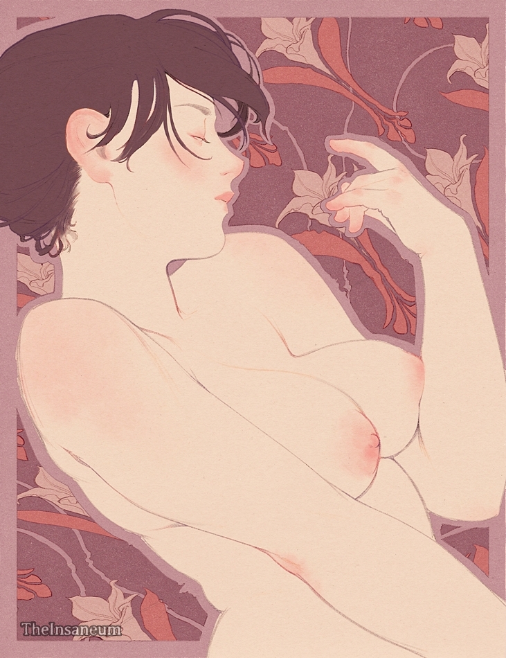 1girls art_nouveau flower_background medium_breasts nude portrait theinsaneum