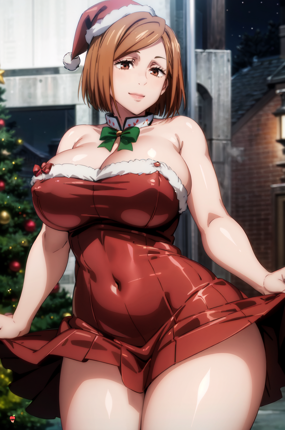 1girls, ai generated, bare legs, bare shoulders, bare thighs, big breasts, blush, bob cut, bowtie, breasts, brown eyes, brown hair, christmas, christmas outfit, christmas tree, cleavage, detached collar, dress, dress lift, embarrassed, erect nipples, erect nipples under clothes, female, female only, hard nipples, huge breasts, jujutsu kaisen, kugisaki nobara, large breasts, lifted by self, light brown hair, long hair, nai diffusion, nipples, oppai, pinup, revealing clothes, ringohanbagu, santa hat, skimpy, skimpy clothes, smile, solo, solo focus, stable diffusion, tease, teasing, thick thighs, thighs, voluptuous, voluptuous female, wide hips