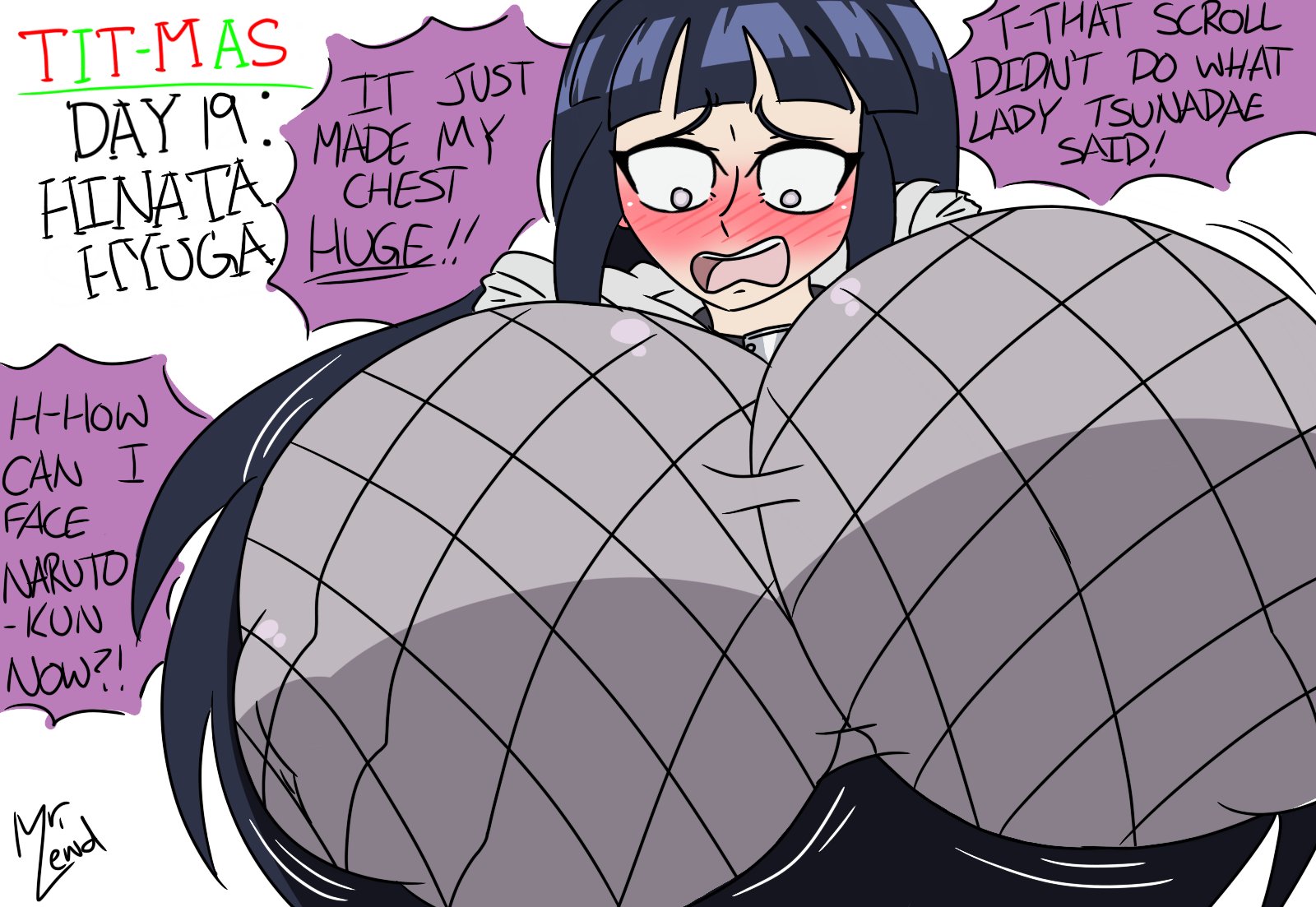 1girls, 2023, black hair, blush, blush lines, breast expansion, breast growth, breast growth (enlargement), breasts, breasts bigger than head, clothed, clothed female, clothing, english, english text, expansion, female, female only, hooded jacket, huge breasts, hyuuga hinata, implied expansion, inconvenient breasts, light skin, light-skinned female, long hair, mesh clothing, mesh shirt, mr.lewd, naruto, naruto (series), naruto shippuden, nipple bulge, nipples visible through clothing, solo, solo female, speech bubble, text, text bubble, tit-mas (mr.lewd), white eyes