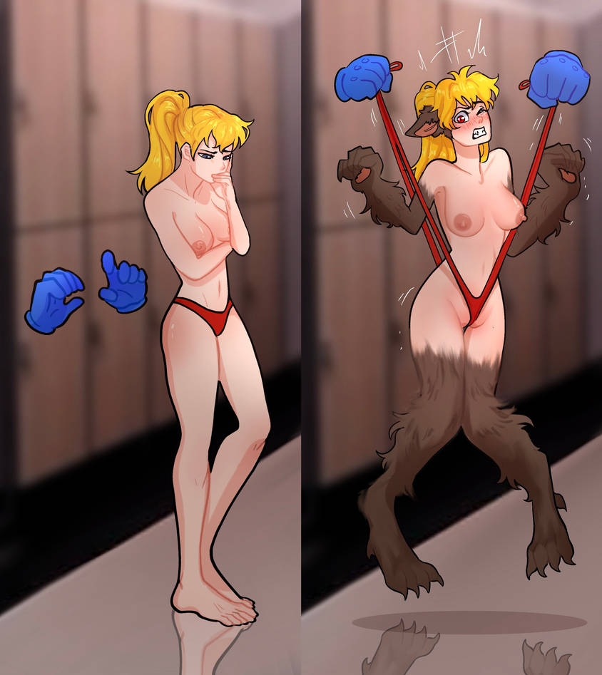 blonde_female blonde_hair blonde_hair_female bully bullying disembodied_hand disembodied_hands furry furry_female hanging_wedgie kazemaru15000 lifting_wedgie locker_room partially_visible_vulva topless topless_bikini topless_female transformation transforming wedgie werewolf werewolf_girl