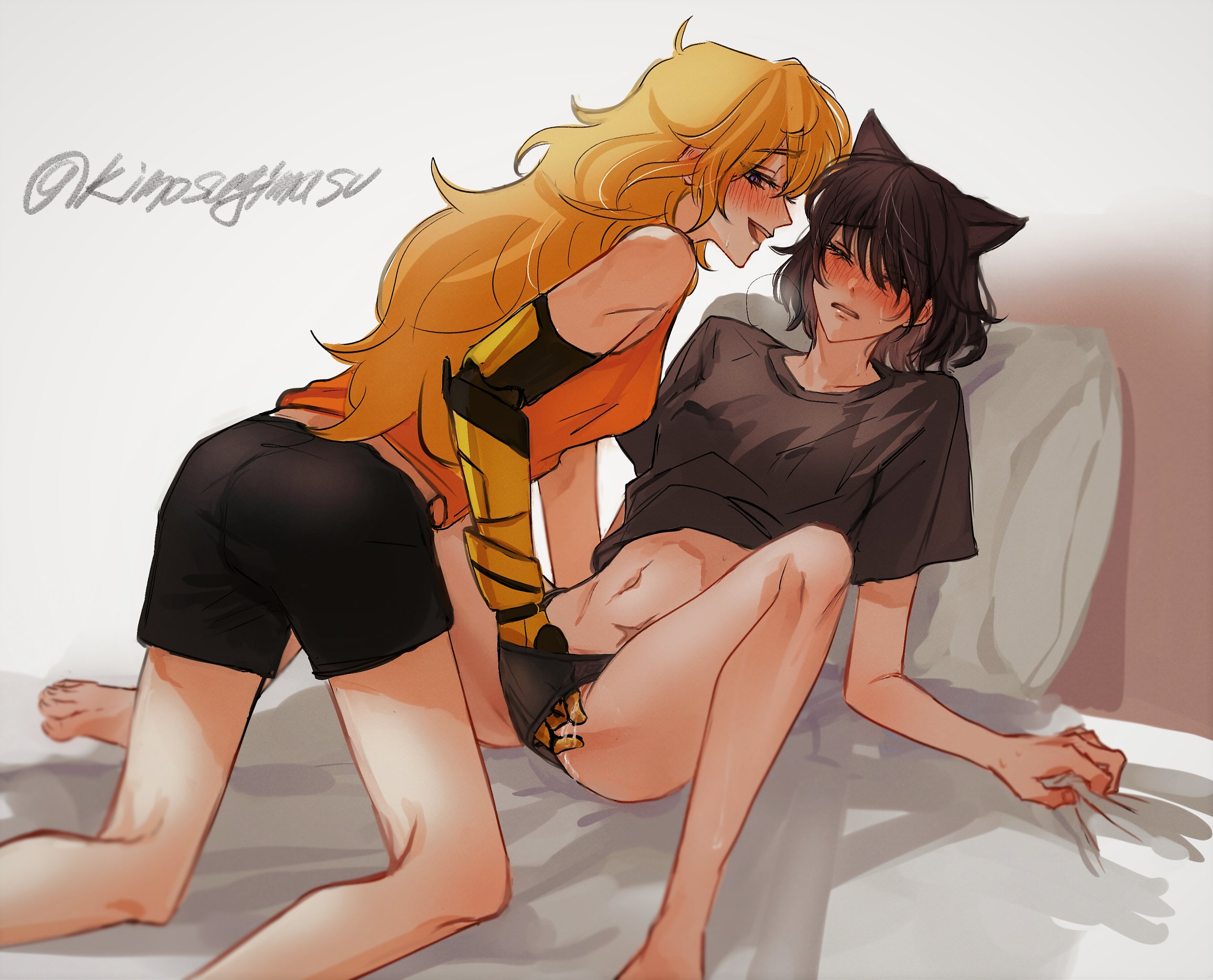 2girls, black hair, black panties, blake belladonna, blonde hair, blush, blushing profusely, cat ears, closed eyes, clothed sex, female, female only, fingering, hand in panties, kemonomimi, lesbian sex, multiple females, multiple girls, naizo (kimosugimasu), prosthetic arm, pussy, pussy juice, rwby, sheet grab, spread legs, sweat, yang xiao long, yuri