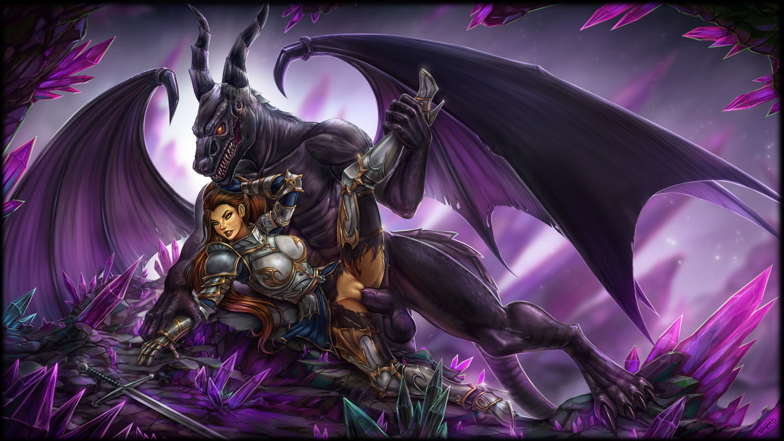 armor, brown hair, dracophilia, dragon, female, female knight, human, interspecies, knight, male, monster, monster on female, penis, ponytail, pussy, rape, reaching for weapon, sword, tagme, vaginal penetration, vempire