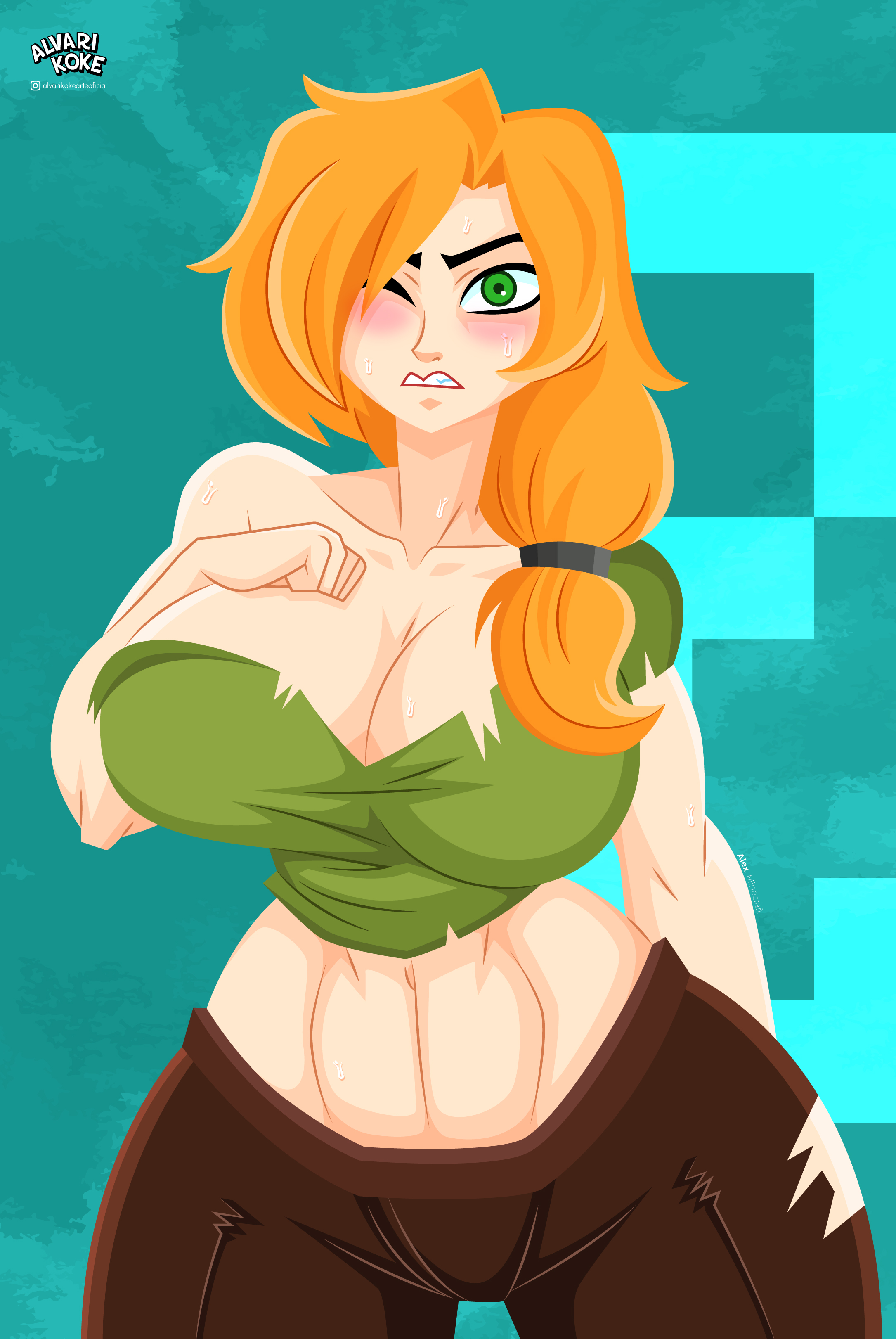 abs, alex (minecraft), artist logo, big breasts, blush, breasts, clothing, female, ginger, ginger hair, green eyes, long hair, minecraft, one eye closed, orange hair, red hair, thick thighs, tied hair, torn clothes