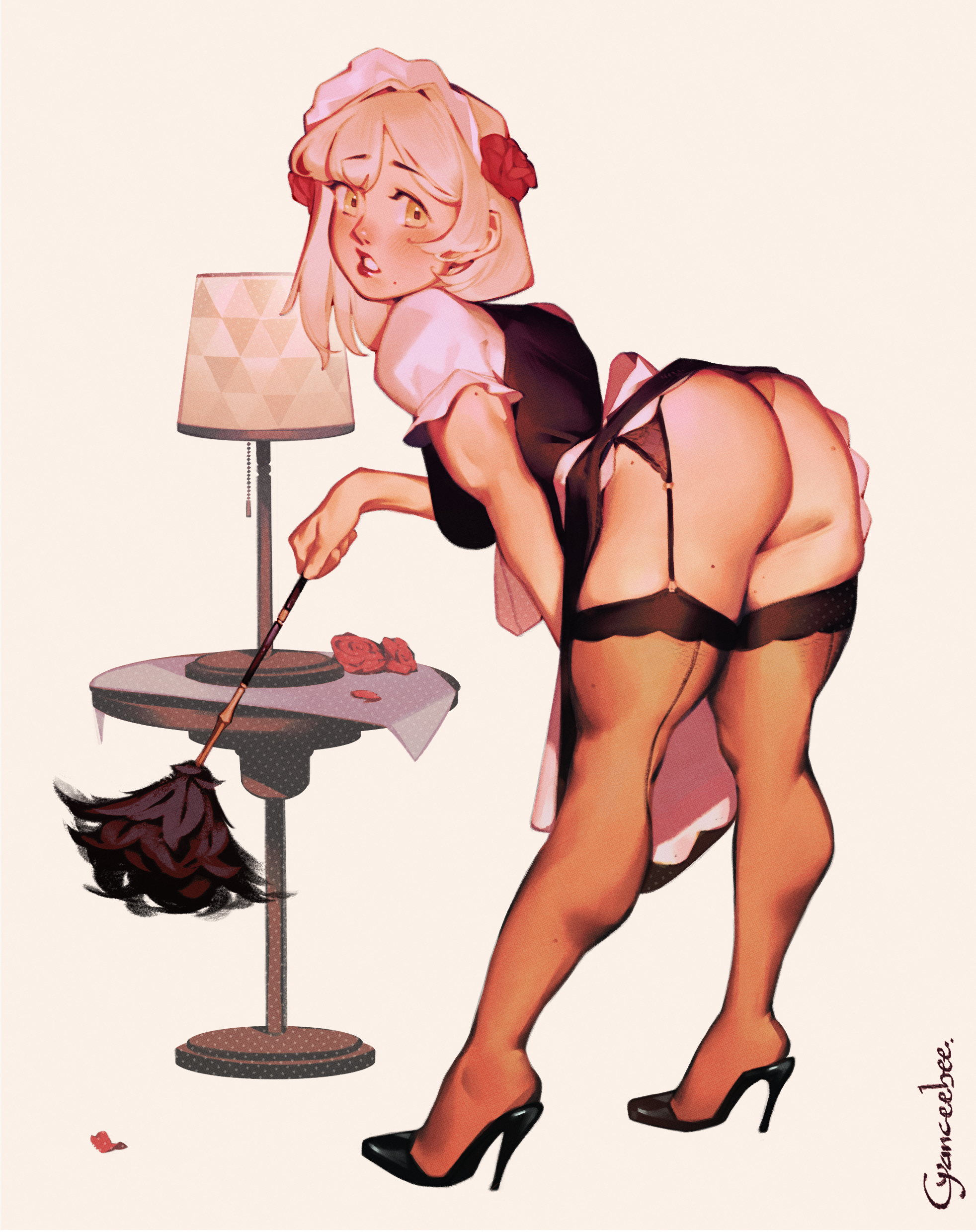 1girls, absurd res, ass, ass focus, ass up, bent over, blush, calves, cleaning, cleaning tool, cyanceebee, female, garter, garter straps, genshin impact, heels, looking at viewer, maid, maid headdress, maid uniform, mole, mole on ass, no panties, no underwear, noelle (genshin impact), sfw, solo, solo female, surprised, table, thighhighs