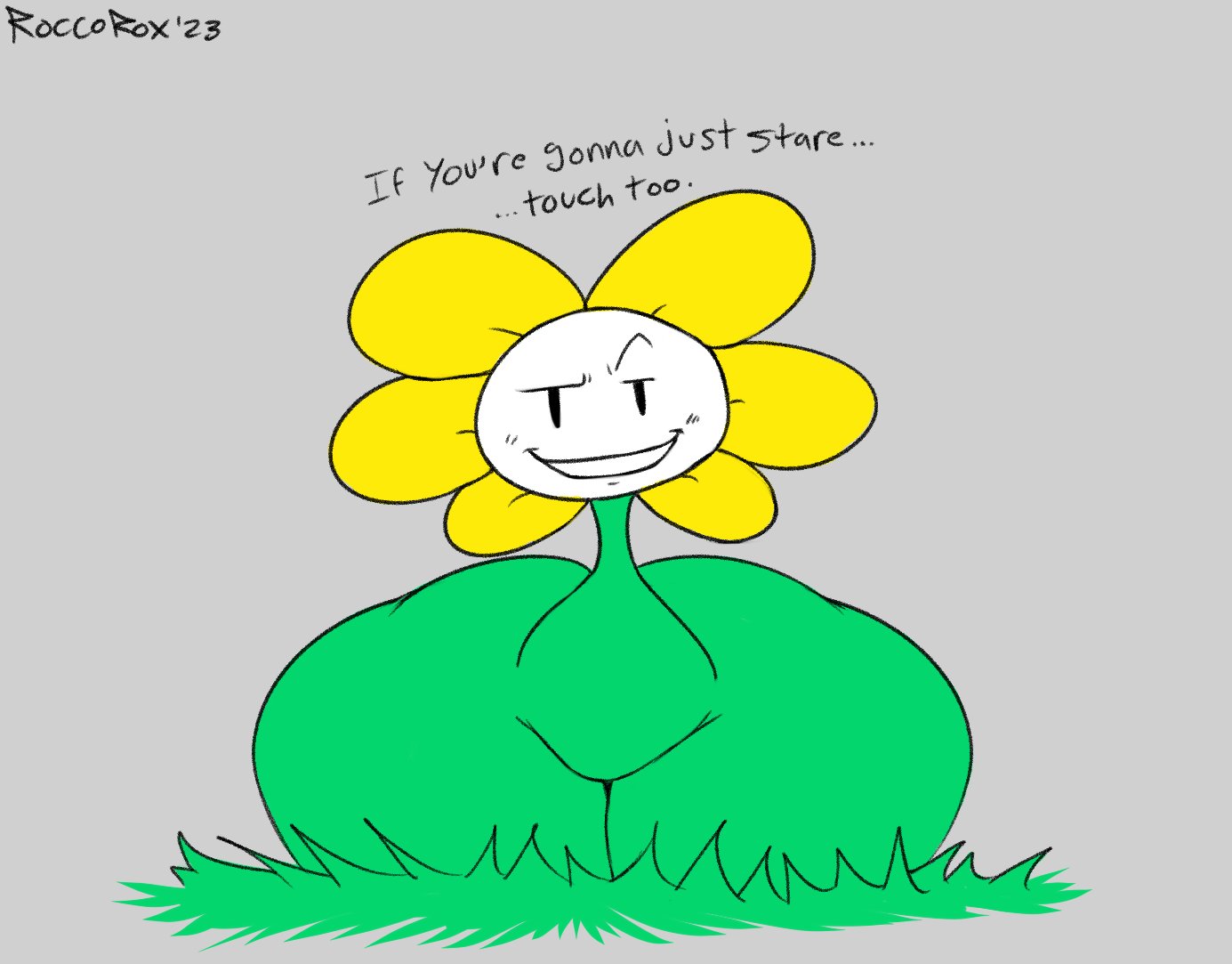 2d, english, english text, femboy, flowey the flower, flowey with nothing else but a massive ass, gay, gay anal, homosexual, homosexual male, male focus, male only, male penetrated, male/male, roccorox, solo, tagme, talking, text, thick thighs, thighs, undertale, undertale (series)