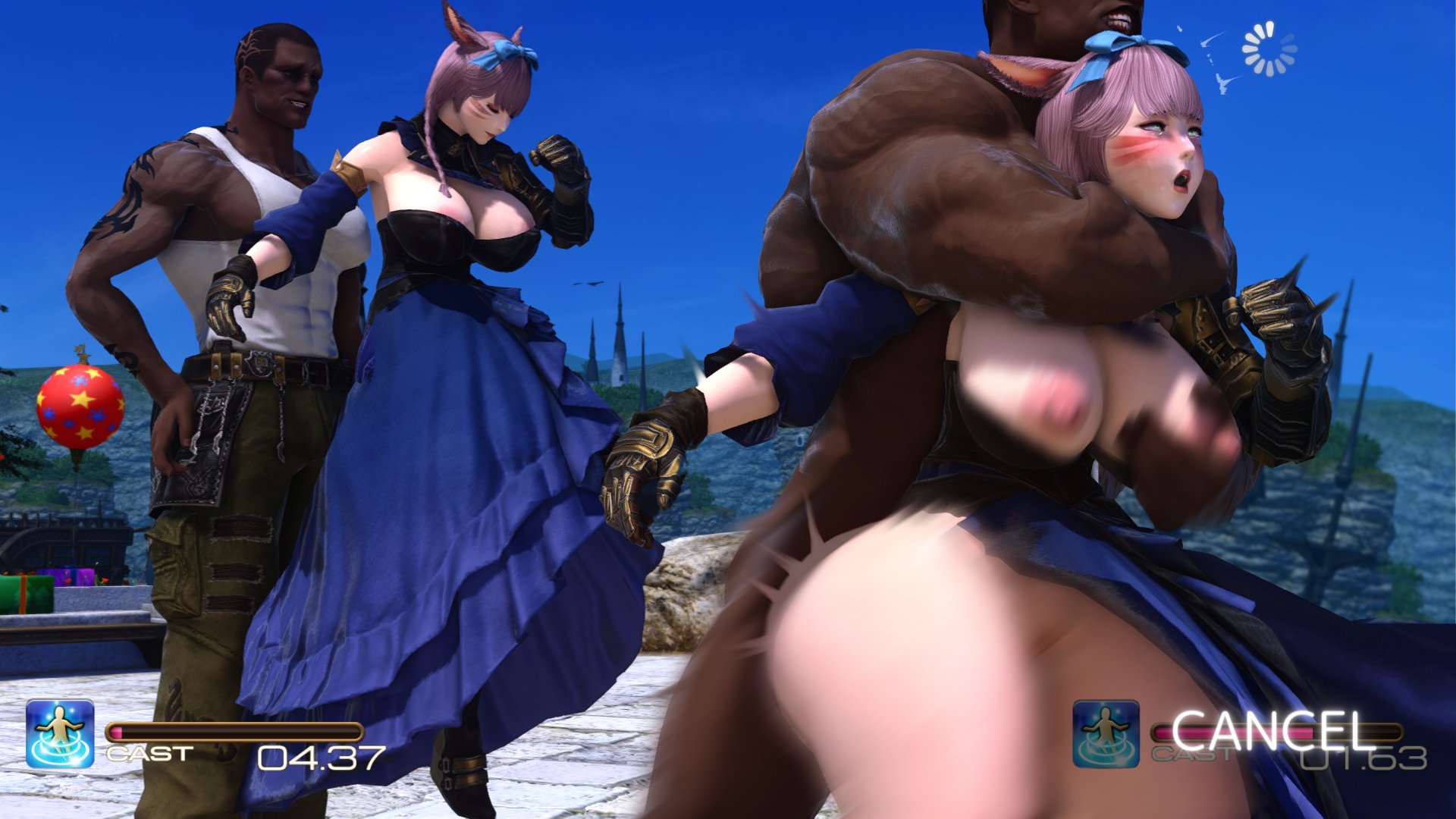 2koma, 3d, before and after, big breasts, breasts, breasts grab, breasts out, caught off guard, choke hold, choking, dark skin, dark-skinned male, dress, female, final fantasy xiv, forced, from behind, from behind position, game, game mechanics, gpose (ffxiv), grabbing, groping, instant loss, interracial, kawaii awww, male, miqo'te, size difference, tagme