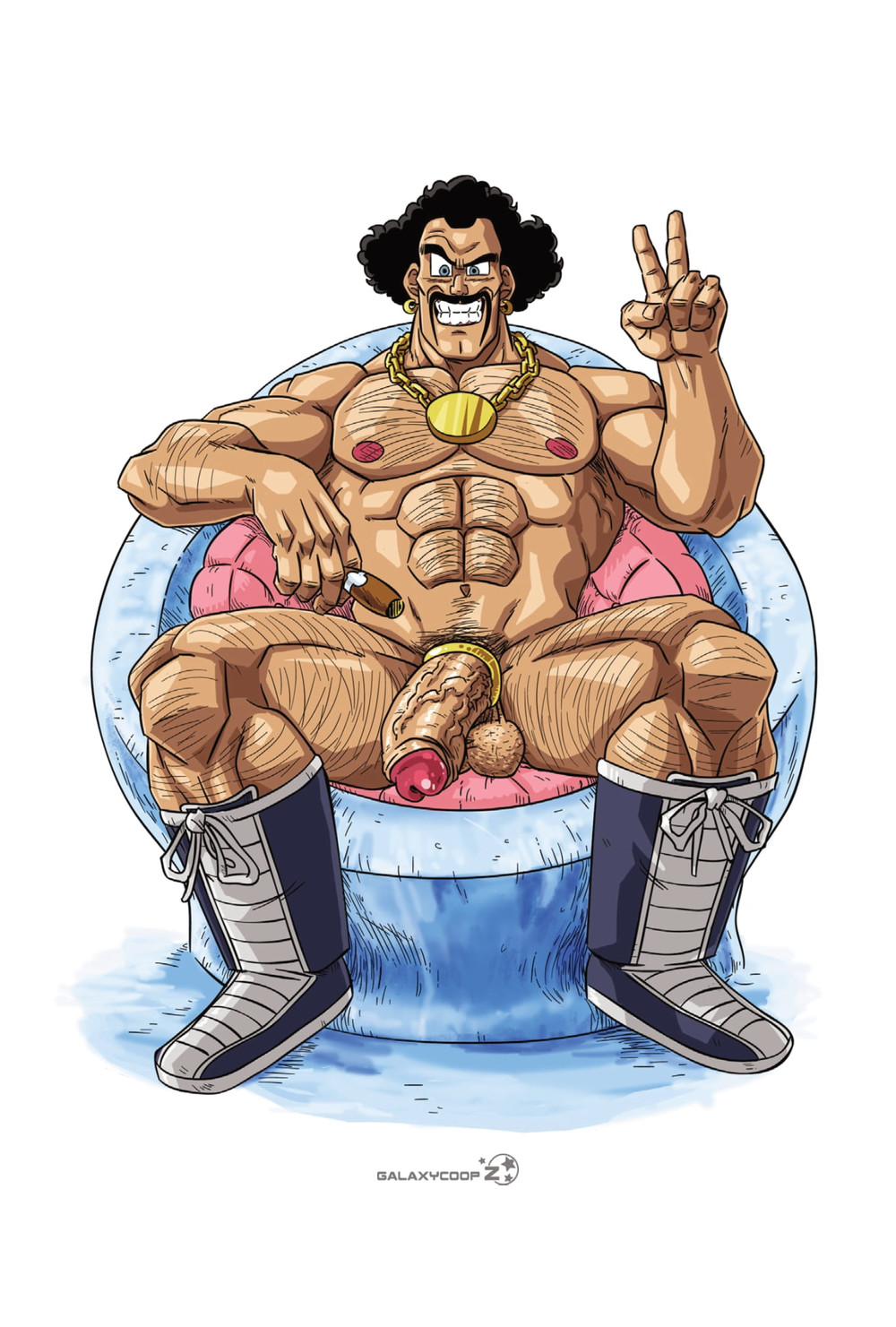 1boy artist_logo artist_name balls ballsack bara big_penis black_hair body_hair boots cigar cock_ring curly_hair dragon_ball dragon_ball_super dragon_ball_z facial_hair foreskin foreskin_folds galaxycoop hairy_balls hairy_male human intact male male_nipples male_only male_pubic_hair manly mature_male mr._satan muscles muscular_male mustache naked_footwear necklace nude_male peace_sign penis retracted_foreskin scrotum semi-erect shoes shoes_only sitting solo spread_legs testicles uncut veiny_penis