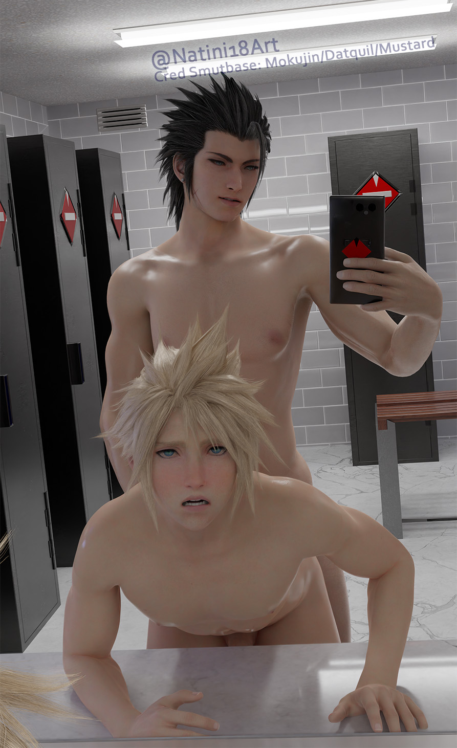 2boys, 3d, anal, camera, cloud strife, final fantasy, final fantasy vii, final fantasy vii remake, male, male focus, male only, mirror, natini18art, phone, public, public bathroom, yaoi, zack fair