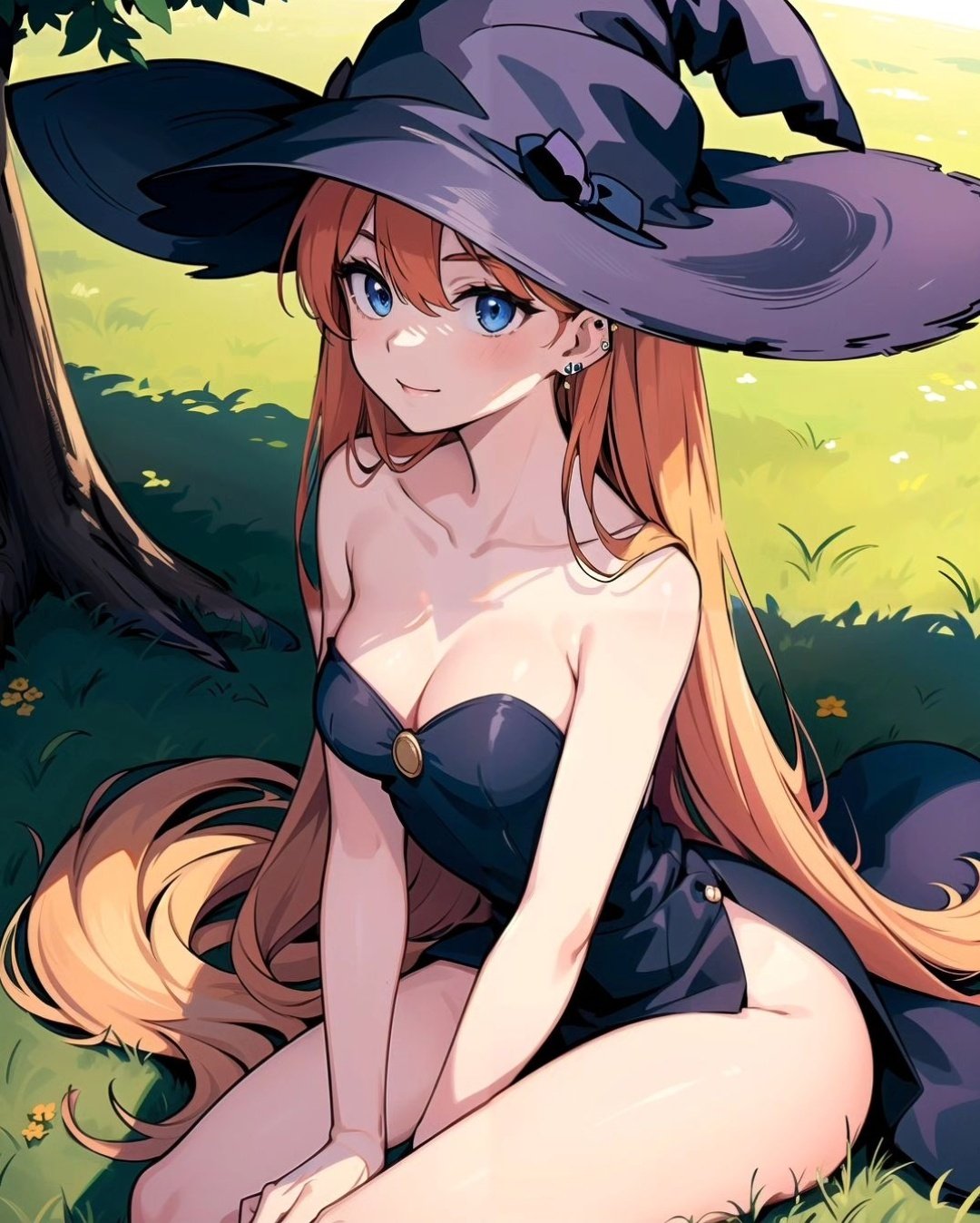 1girls, ai generated, asuka langley sohryu, bare legs, bare shoulders, bare thighs, blue eyes, breasts, female, long hair, looking at viewer, neon genesis evangelion, orange hair, small breasts, small waist, teenager, witch, witch costume, witch hat