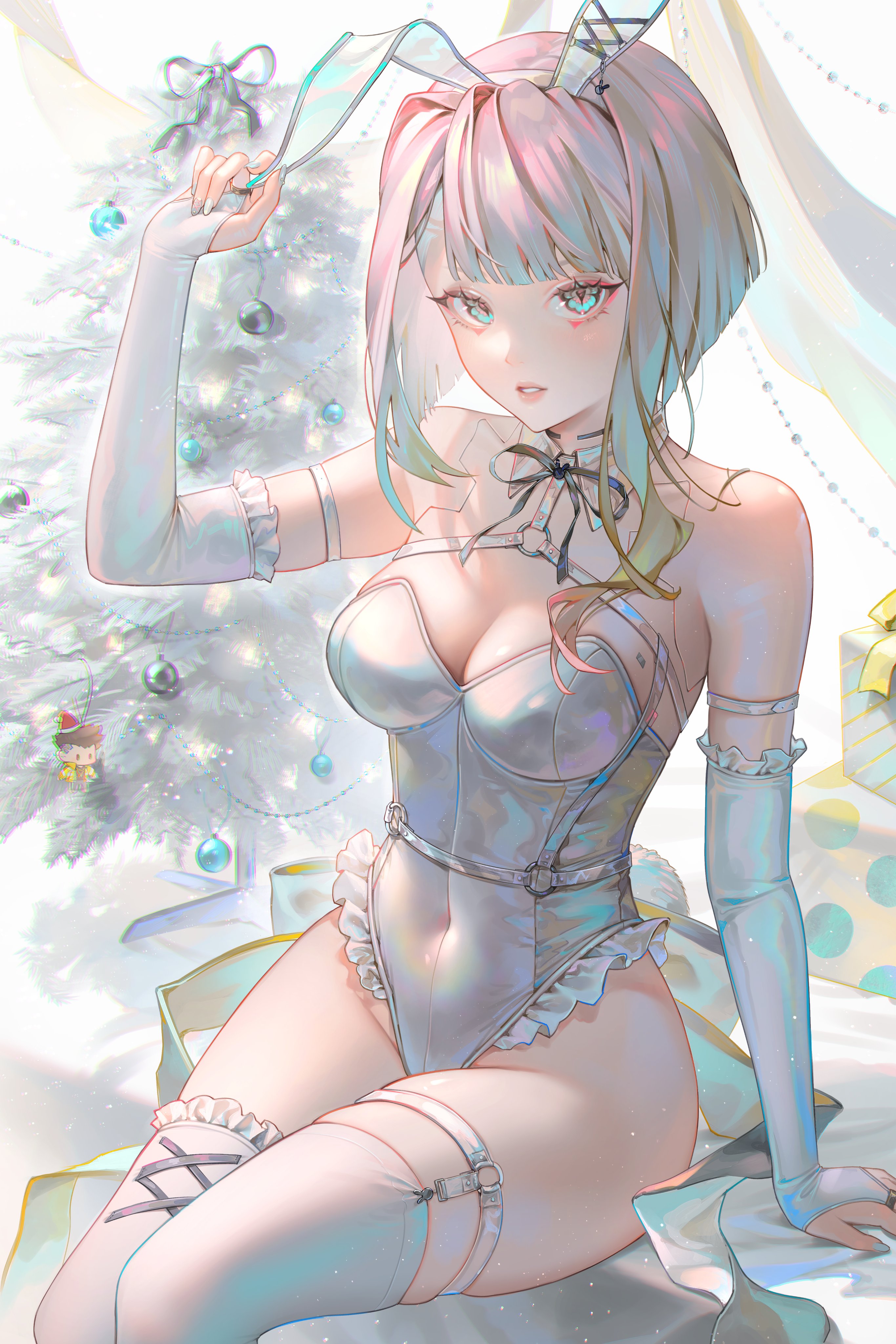 1girls, asian, asian female, ass, big ass, big breasts, breasts, bunny ears, bunnysuit, cd projekt red, christmas, christmas decorations, christmas lights, christmas outfit, christmas present, christmas tree, cleavage, cyberpunk: edgerunners, david martinez (edgerunners), female, female only, light skin, light-skinned female, looking at viewer, lucyna kushinada, pantyhose, santa hat, solo, studio trigger, tamaji, thick thighs