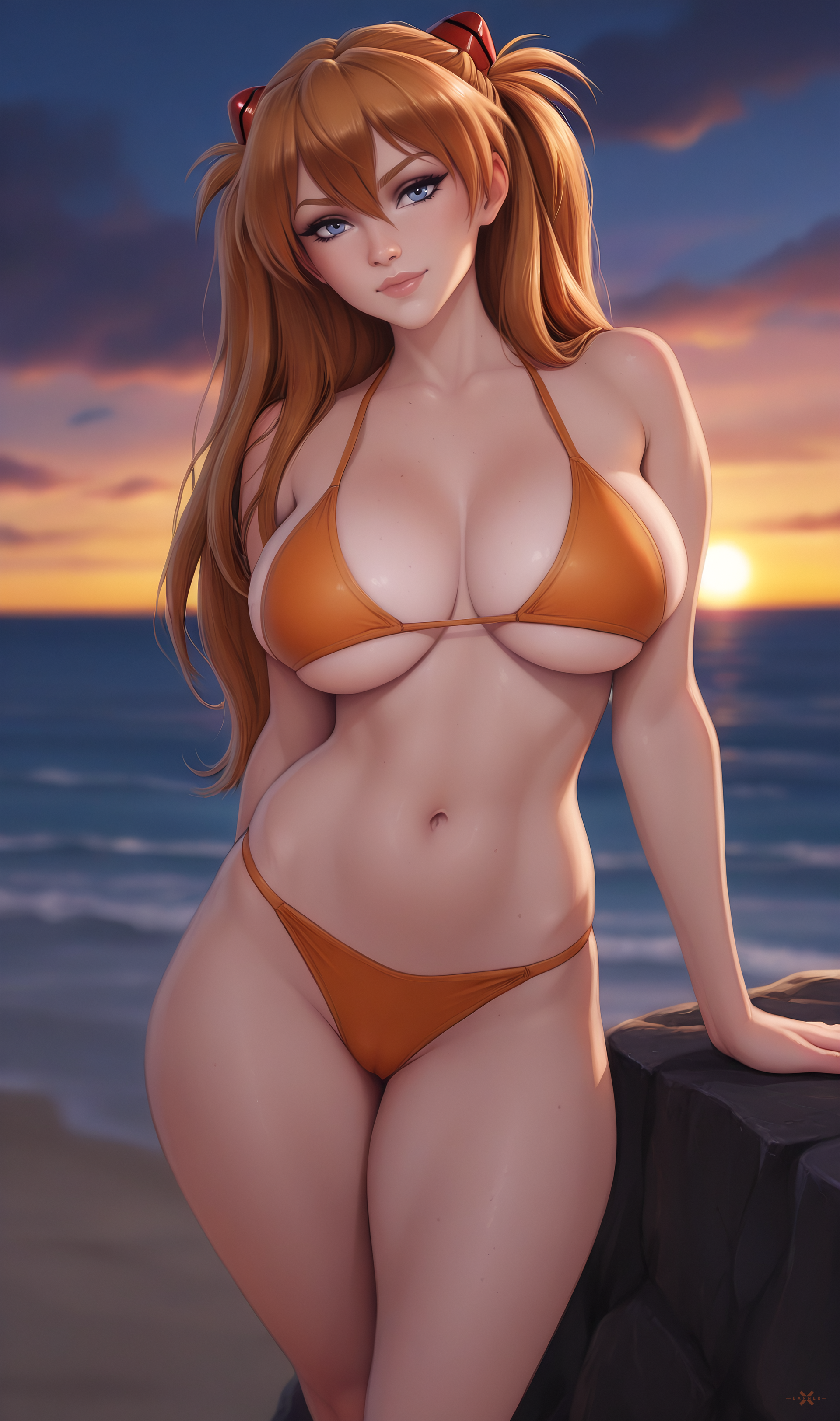 ai generated, asuka langley sohryu, big breasts, bikini, blue eyes, breasts, female, large breasts, long hair, lxlbanner, neon genesis evangelion, orange bikini