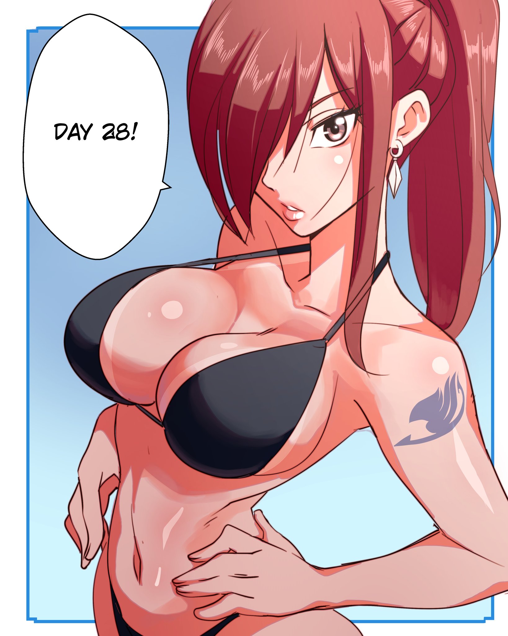 1girls, arm tattoo, big breasts, blue tattoo, breasts, erza scarlet, fairy tail, fairy tail mark, female, female only, long hair, looking back, nisego, one eye covered, red eyes, red hair, red-haired female, solo, solo female, swimsuit, tattoo, tattoo on arm, tattooed arm, text