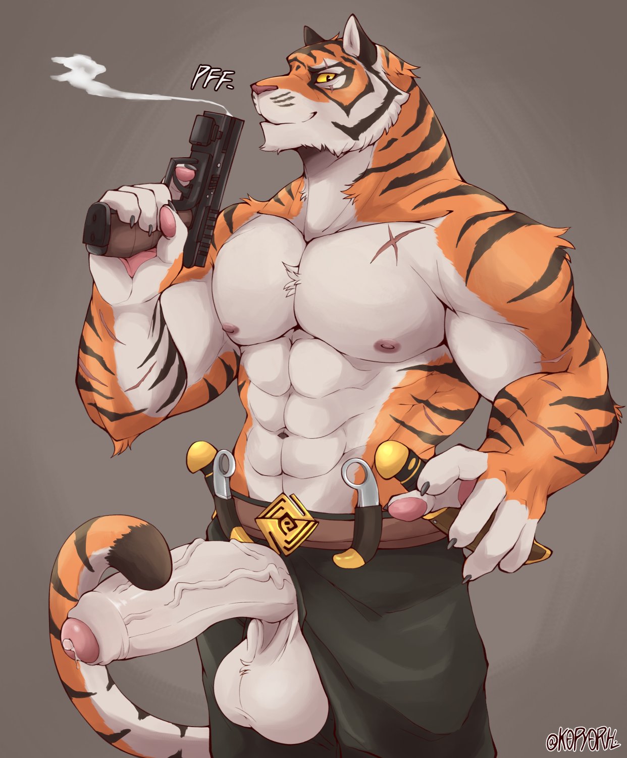 2023 abs anthro balls barazoku belt biceps big_balls big_muscles big_penis blade bodily_fluids bottomwear claws clothed clothing epic_games erection felid foreskin fortnite fur genital_fluids genitals grey_background gun handgun hi_res holding_gun holding_object holding_weapon humanoid_genitalia humanoid_penis knife kopyorh looking_at_viewer male male_only mammal muscular muscular_anthro muscular_male navel nipples oscar_(fortnite) pantherine pants pecs penis pistol precum ranged_weapon scar serratus sheathed_weapon simple_background smile smoke solo standing text tiger topless topless_anthro topless_male tuft unzipped url vein weapon zipper