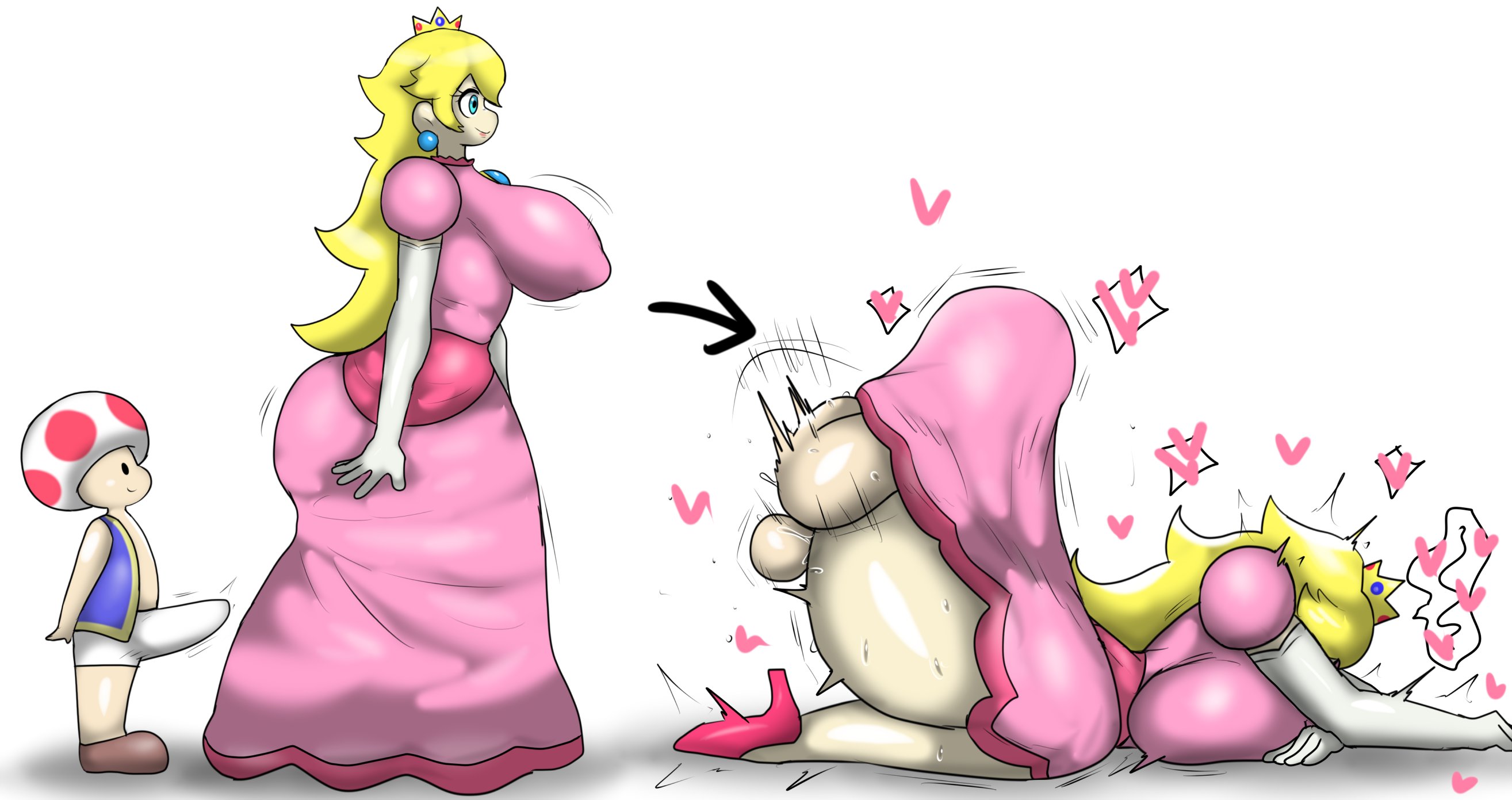 1boy, 1girls, 2023, ass, backsack, balls, ballsack, big ass, big breasts, big butt, breasts, bulldog position, digital drawing (artwork), digital media (artwork), directional arrow, enigi09, female, from behind position, heart, hi res, larger female, looking at ass, male, male penetrating female, male/female, mario (series), nintendo, princess peach, sex, sex from behind, side view, simple background, size difference, super mario bros., toad (mario), under clothes, white background