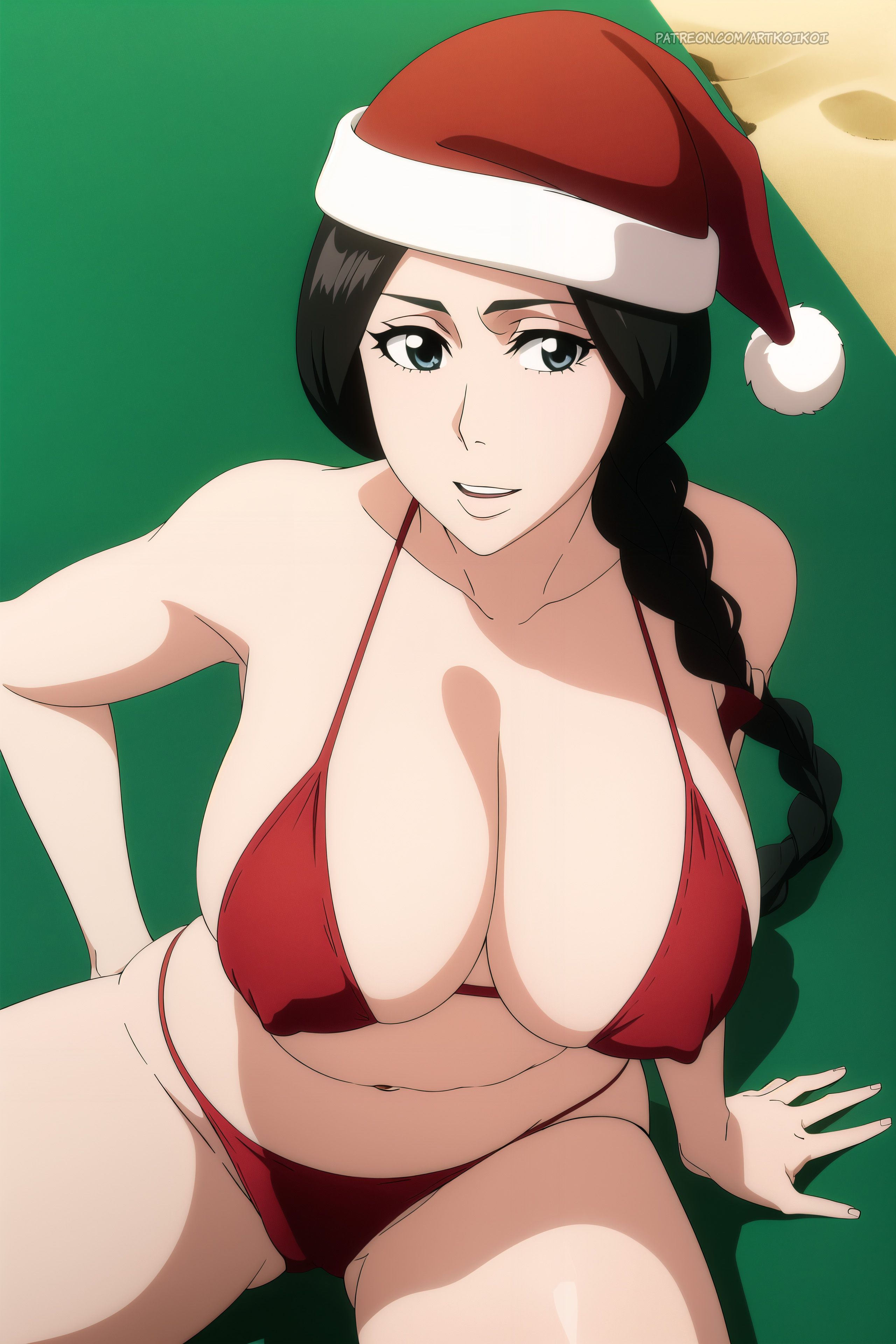1girls, ai generated, arm support, artist name, beach, beach towel, big breasts, bikini, bikini bottom, bikini top, black hair, bleach, bleach: the thousand-year blood war, blue eyes, braid, braided ponytail, breasts, christmas, curvaceous, curvy, curvy body, curvy figure, female, female focus, huge breasts, koikoi, large breasts, light skin, light-skinned female, long hair, mature, mature female, milf, nai diffusion, pale skin, pale-skinned female, patreon username, sand, santa hat, seaside, sitting, slightly chubby, spread legs, stable diffusion, text, tied hair, towel, unohana retsu, url, very long hair, voluptuous, voluptuous female, watermark, web address