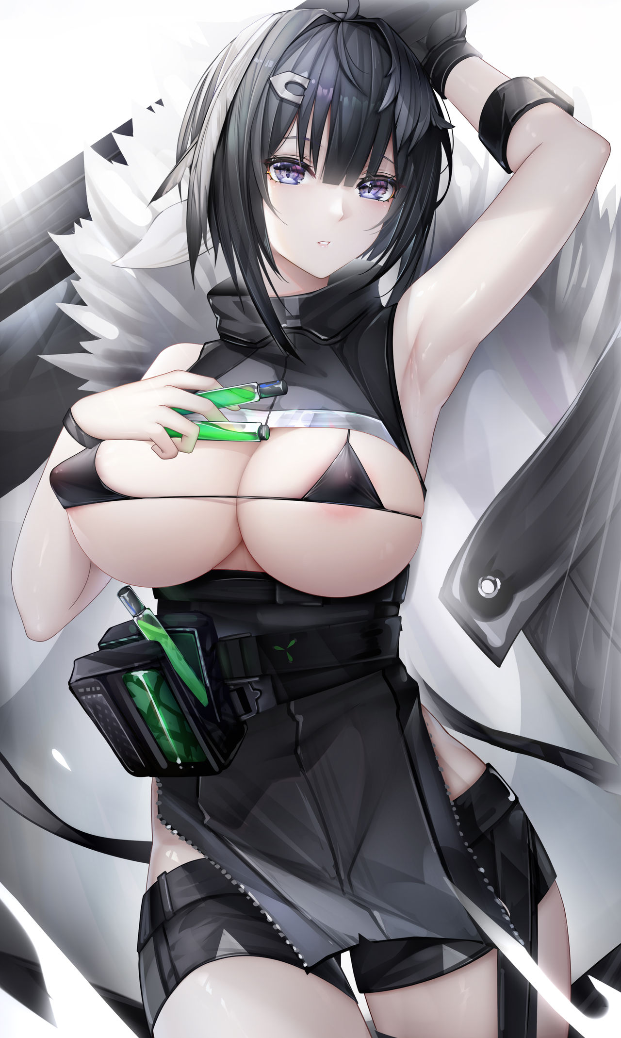 1girls arknights armpits big_breasts binggong_asylum black_hair breasts breasts_out hi_res la_pluma_(arknights) light-skinned_female light_skin looking_at_viewer purple_eyes simple_background solo standing