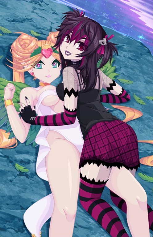 accurate_art_style black_hair blue_eyes breast_press crush_crush dark_mio_(crush_crush) fairy_girl goth_girl laying_down official_art purple_eyes purple_skirt q-pernikiss sad_panda_studios wings yuri