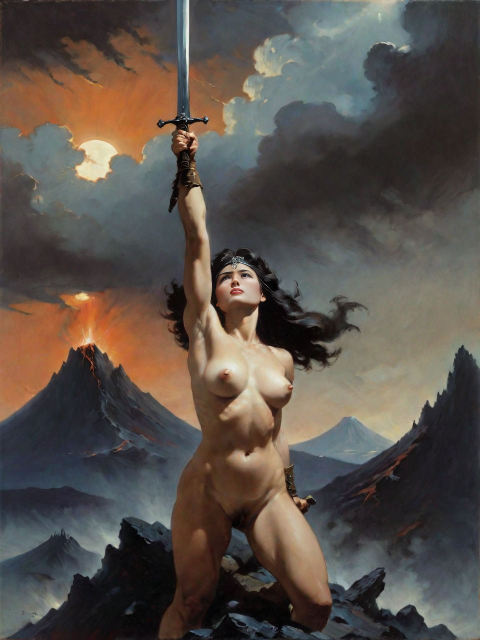 ai_generated conan_the_barbarian_(series) dark_hair fantasy frank_frazetta_inspired heroic_fantasy painting_(artwork) sword volcanic_setting