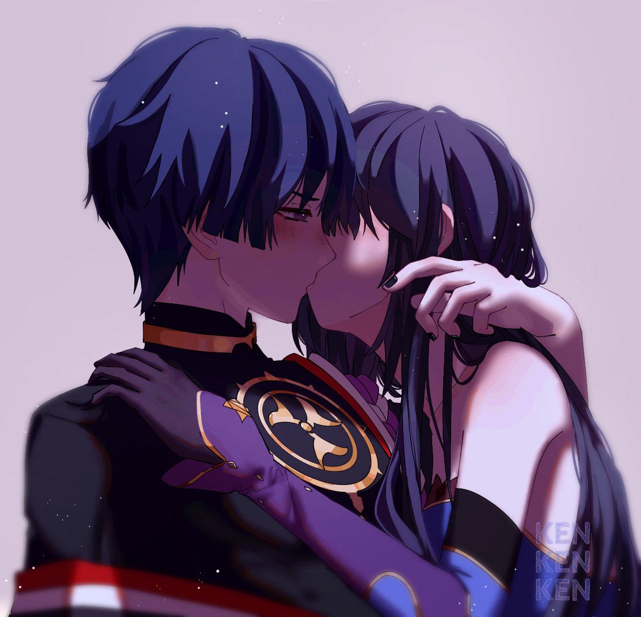 1boy, 1girls, bare shoulders, black nails, blue hair, blush, female, genshin impact, gloves, indigo hair, kissing, long hair, making out, male, male with painted nails, male/female, mona (genshin impact), moriko ken11, painted nails, scaramouche (genshin impact), straight
