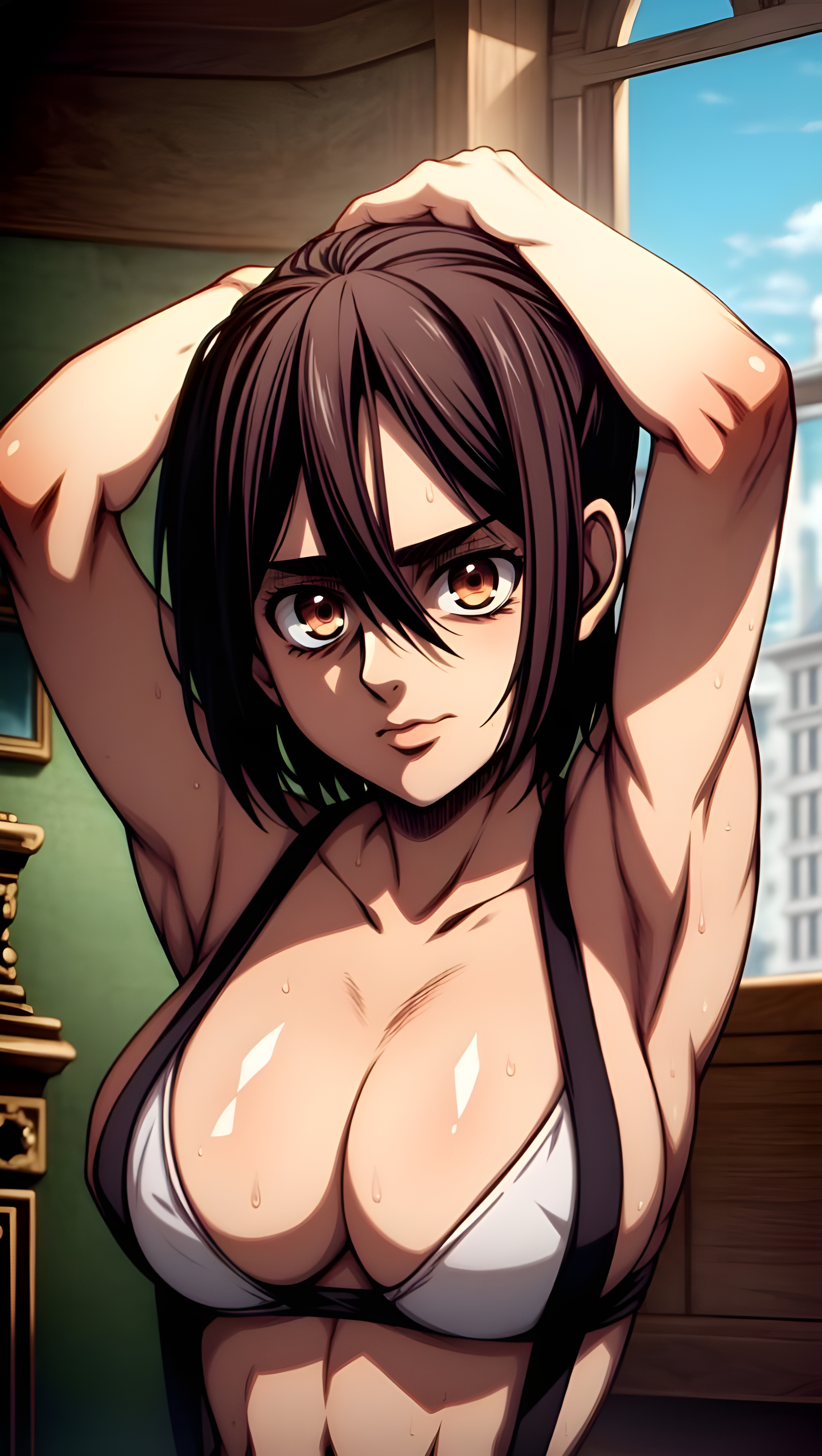 ai generated, alternative hairstyle, armpit, armpits, arms up, attack on titan, barely contained, before sex, big breasts, bra, breast focus, breasts, brown hair, cleavage, eye contact, eye contact pov, female, gabi braun, hands behind head, hands on head, hands on own head, light skin, light-skinned female, looking at viewer, pov, ready for sex, shingeki no kyojin, shiny breasts, shiny hair, shiny skin, sideboob, solo, solo female, straps, sweat, sweating, sweaty, tiny waist, window