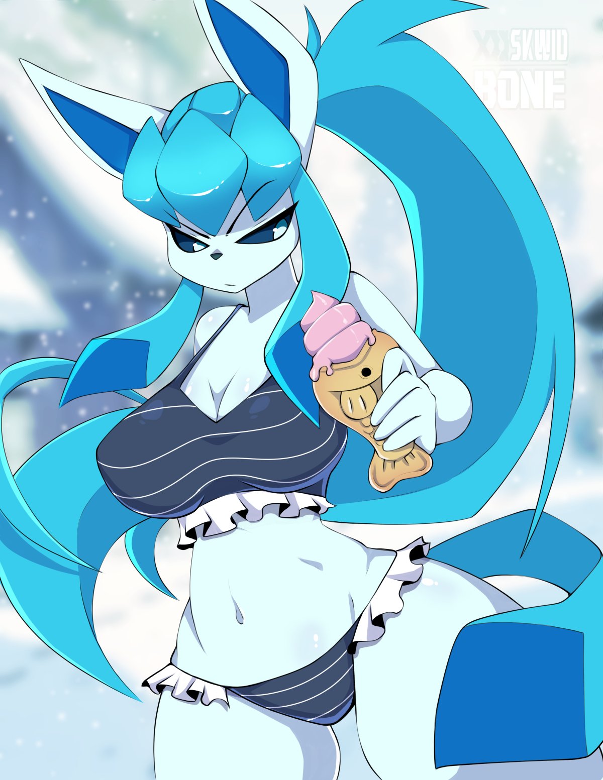 artist_logo big_breasts blue_sclera bra breasts eeveelution female glaceon holding_object ice_cream long_hair pokémon_(species) pokemon pokemon_dppt skwidbone