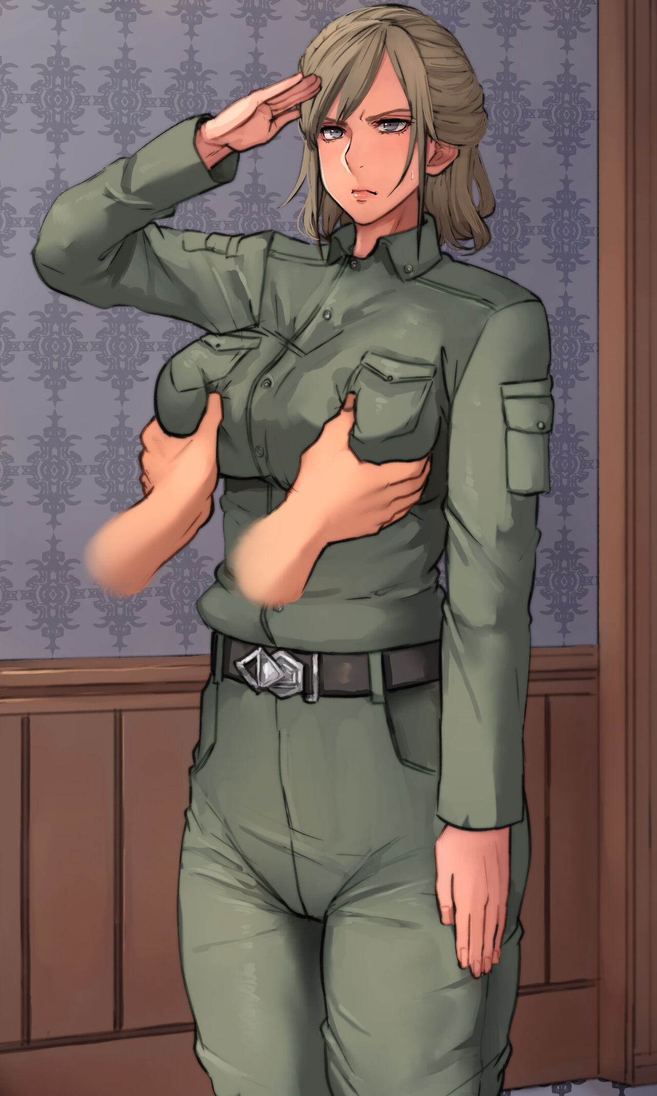 1boy, 1girls, 2018, absurd res, arm up, belt, breast grab, breast pocket, breasts, brown hair, clothed, clothing, disembodied hand, female, female focus, green jacket, green pants, grey eyes, highres, jacket, male, mature female, military, military major (pepe (jonasan)), military uniform, original, pants, partial male, pepe (jonasan), salute, serious, short hair, sweat, sweatdrop, tight clothing