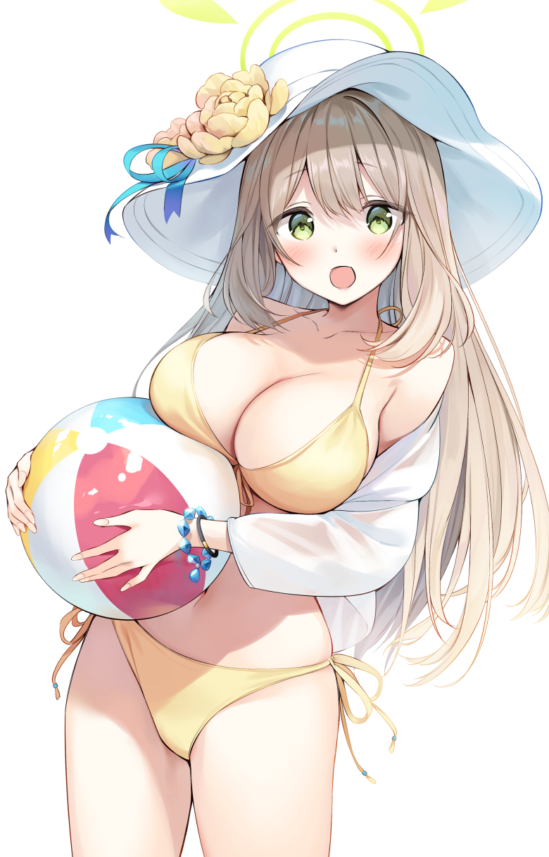 1girls alternate_costume beach_ball big_breasts bikini blonde_hair blue_archive blush female female_only light-skinned_female light_skin long_hair nonomi_(blue_archive) nonomi_(swimsuit)_(blue_archive) official_alternate_costume oryou side_tie_bikini solo tagme