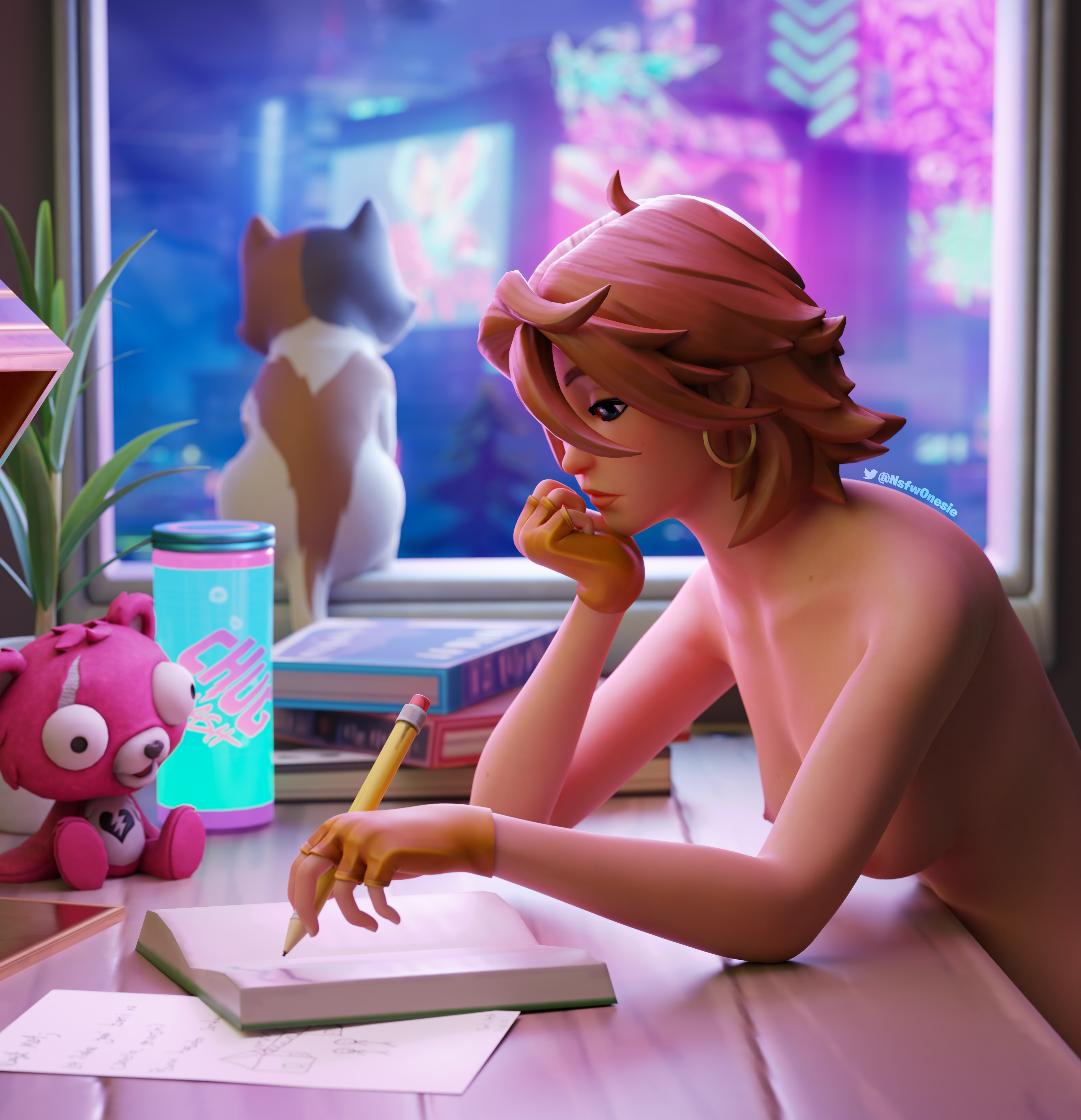 blue eyes, breasts, brown hair, casual, casual nudity, female, fortnite, fortnite: battle royale, handwear, human, lo-fi beats to relax/study to, lofi world, naked, naked female, nonsexual, nonsexual nudity, nsfwonesie, nude, nude female, nudist, onesie, onesie (fortnite), pale skin, skinny