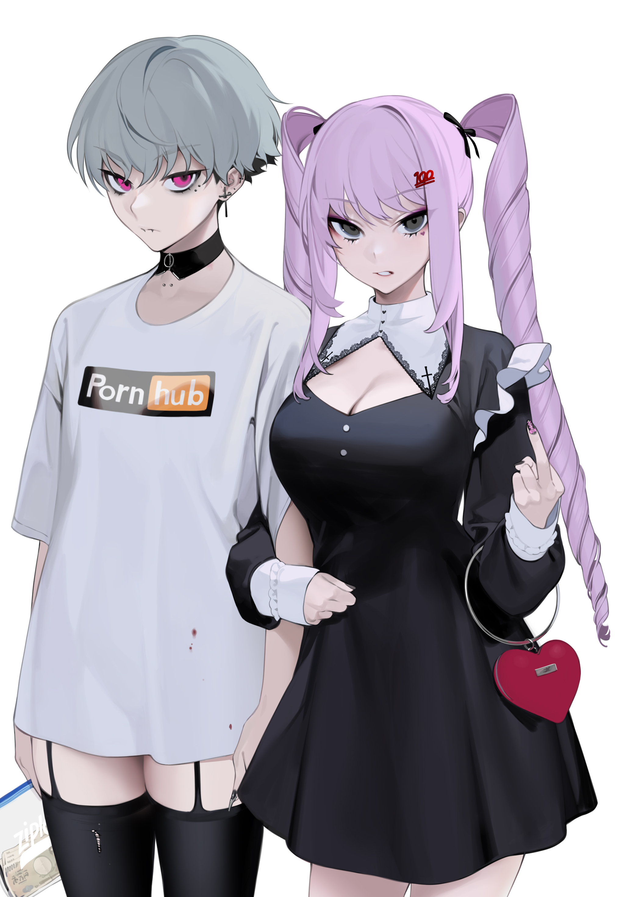 2girls, black dress, black eyes, breasts, character request, choker, cleavage, dress, earrings, female, flat chest, flipping viewer off, garter straps, grey hair, handbag, heart handbag, large breasts, light skin, light-skinned female, lip piercing, looking at viewer, middle finger, nail polish, ohisashiburi, original, original character, original characters, painted fingernails, painted nails, pink hair, pornhub, red eyes, shirt, short hair, thighhighs, twin drills, white shirt, yuri