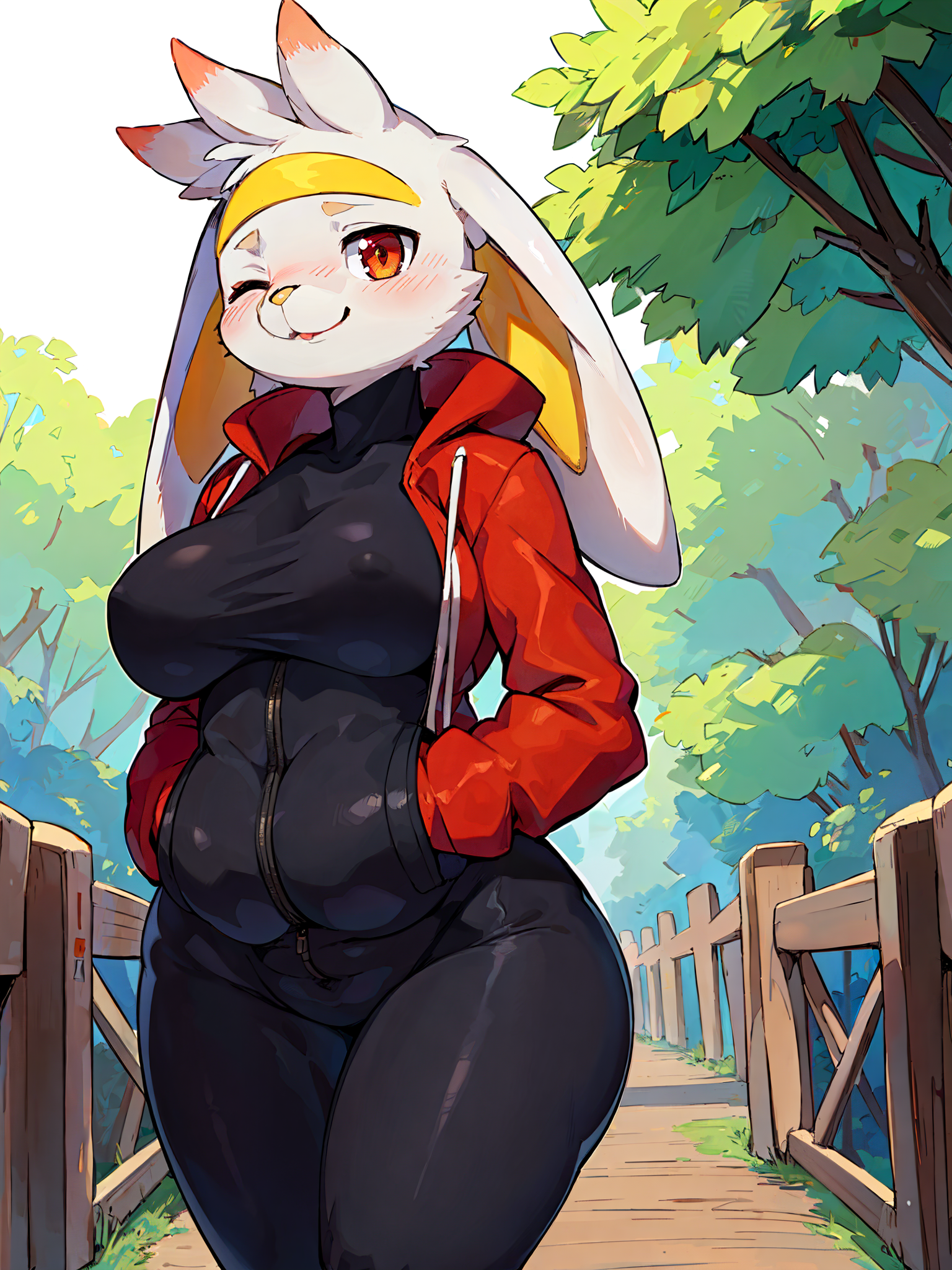 2d, ai generated, anthro, blush, breasts, bunny ears, bunny girl, bunny tail, detailed background, female, female anthro, female focus, female only, female pokemon, jacket, large breasts, long eyelashes, nintendo, orange eyes, pokémon (species), pokemon, pokemon (species), pokemon only, pokemon ss, raboot, sweatband, thick thighs, tights, tomboy, white fur