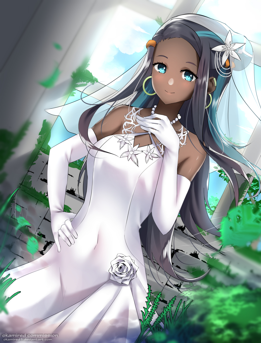 1girls blue_hair blue_highlights blue_streak breasts bridal_veil bride covered_navel dark-skinned_female dark_blue_hair dark_skin dress earrings elbow_gloves gloves hand_on_hip highlights_(coloring) hoop_earrings long_hair looking_at_viewer medium_breasts necklace nessa_(pokemon) nintendo okamired plants pokemon pokemon_ss streaked_hair veil wedding_dress white_dress window