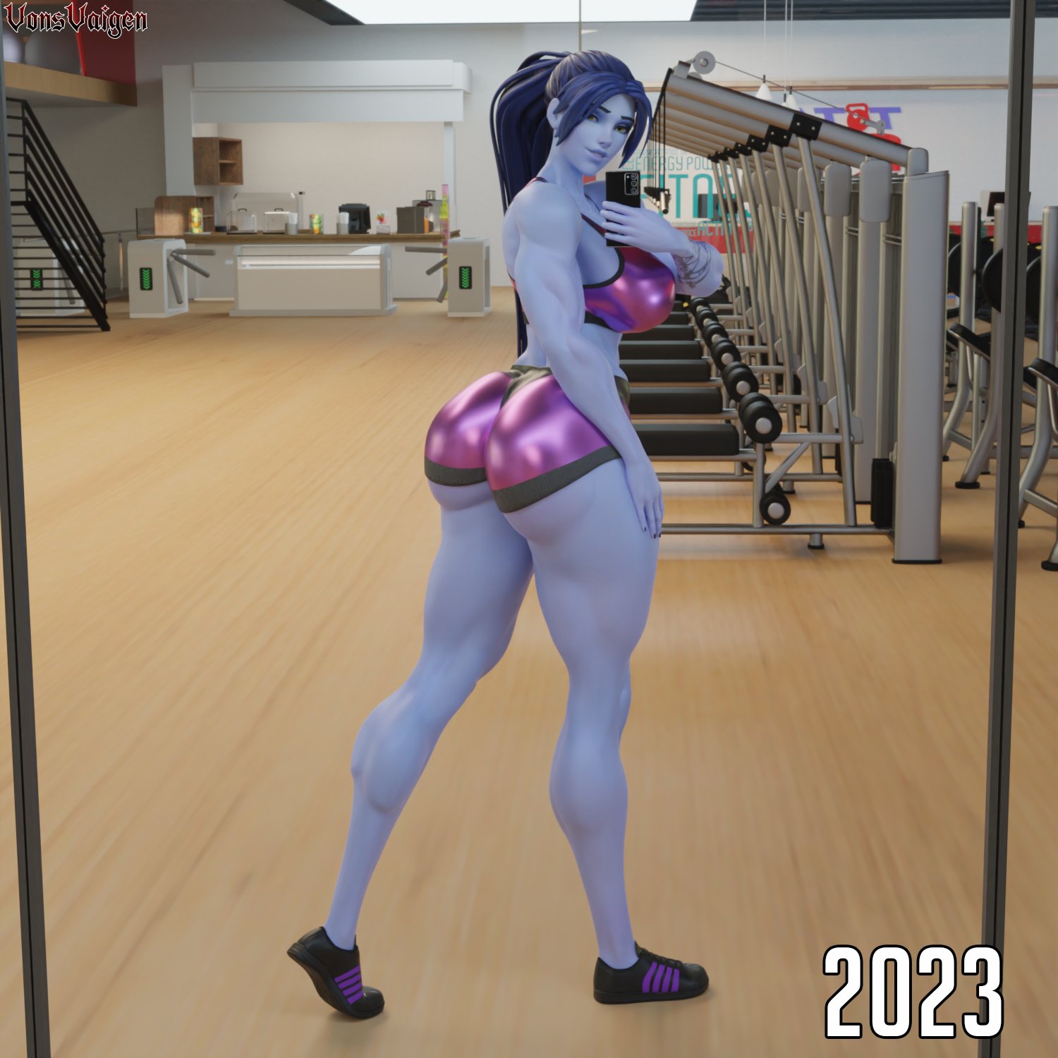 1girls, 3d, abs, alternate version available, amelie lacroix, ass, big ass, big breasts, blizzard entertainment, breasts, female, female only, fit, fit female, flexing, flexing bicep, gym, looking at viewer, muscular, muscular female, overwatch, overwatch 2, purple skin, selfie, short shorts, shorts, solo, sports bra, tattoo, thick thighs, vonsvaigen, wide hips, widowmaker, yellow eyes