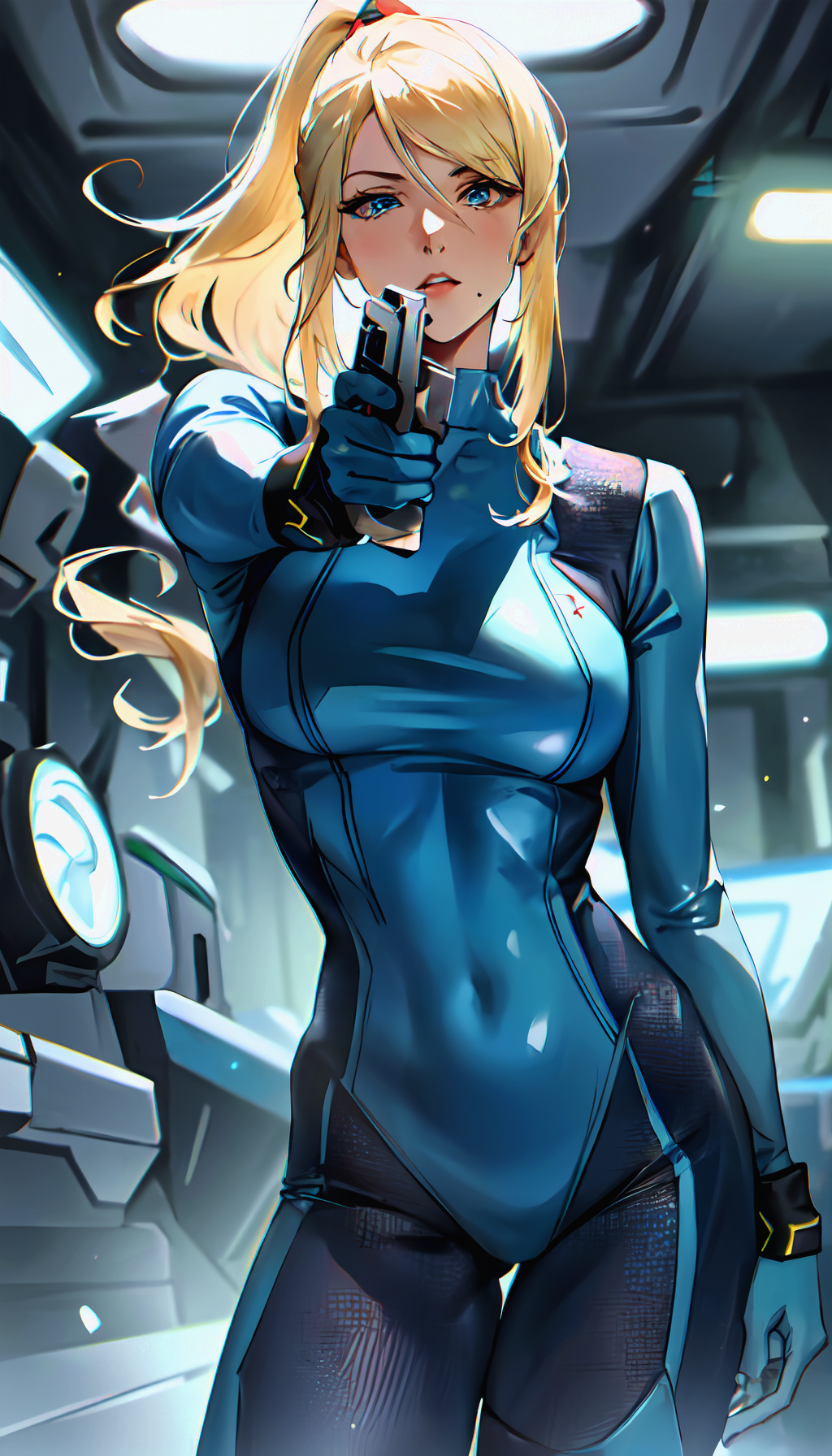 ai_generated blonde_hair blue_eyes bodysuit curvaceous curvy gun highres indoors latex medium_breasts metroid mole mole_under_mouth nai_diffusion navel_visible_through_clothes pointing_at_viewer pointing_gun pointing_gun_at_viewer ponytail samus_aran