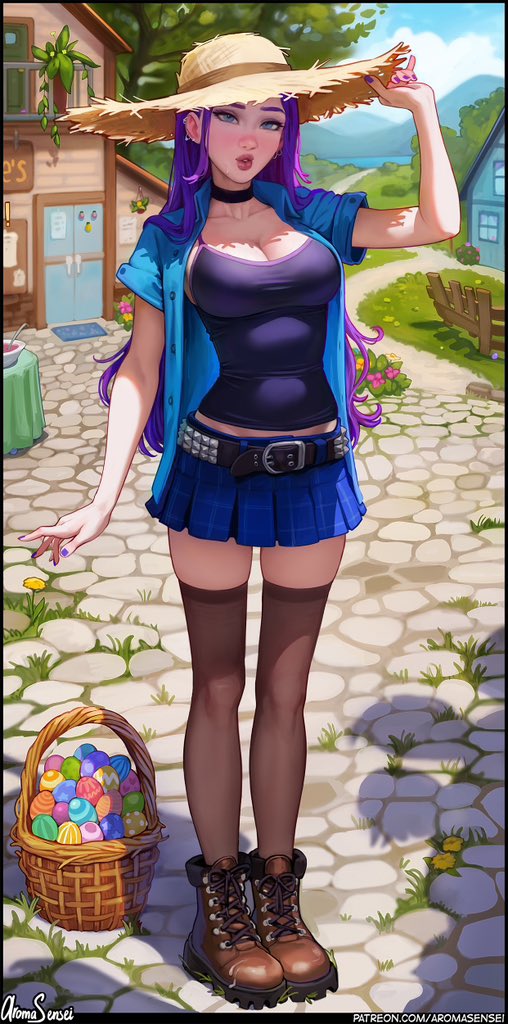 1girls abigail_(stardew_valley) aroma_sensei big_breasts boots breasts busty curvaceous curvy curvy_figure digital_media_(artwork) easter_egg egg eyebrows eyelashes eyes female female_focus fit fit_female full_body hair hat hips hourglass_figure huge_breasts human large_breasts legs light-skinned_female light_skin lips mature mature_female outdoors purple_hair solo standing stardew_valley thick thick_legs thick_thighs thighs top_heavy upper_body voluptuous waist wide_hips