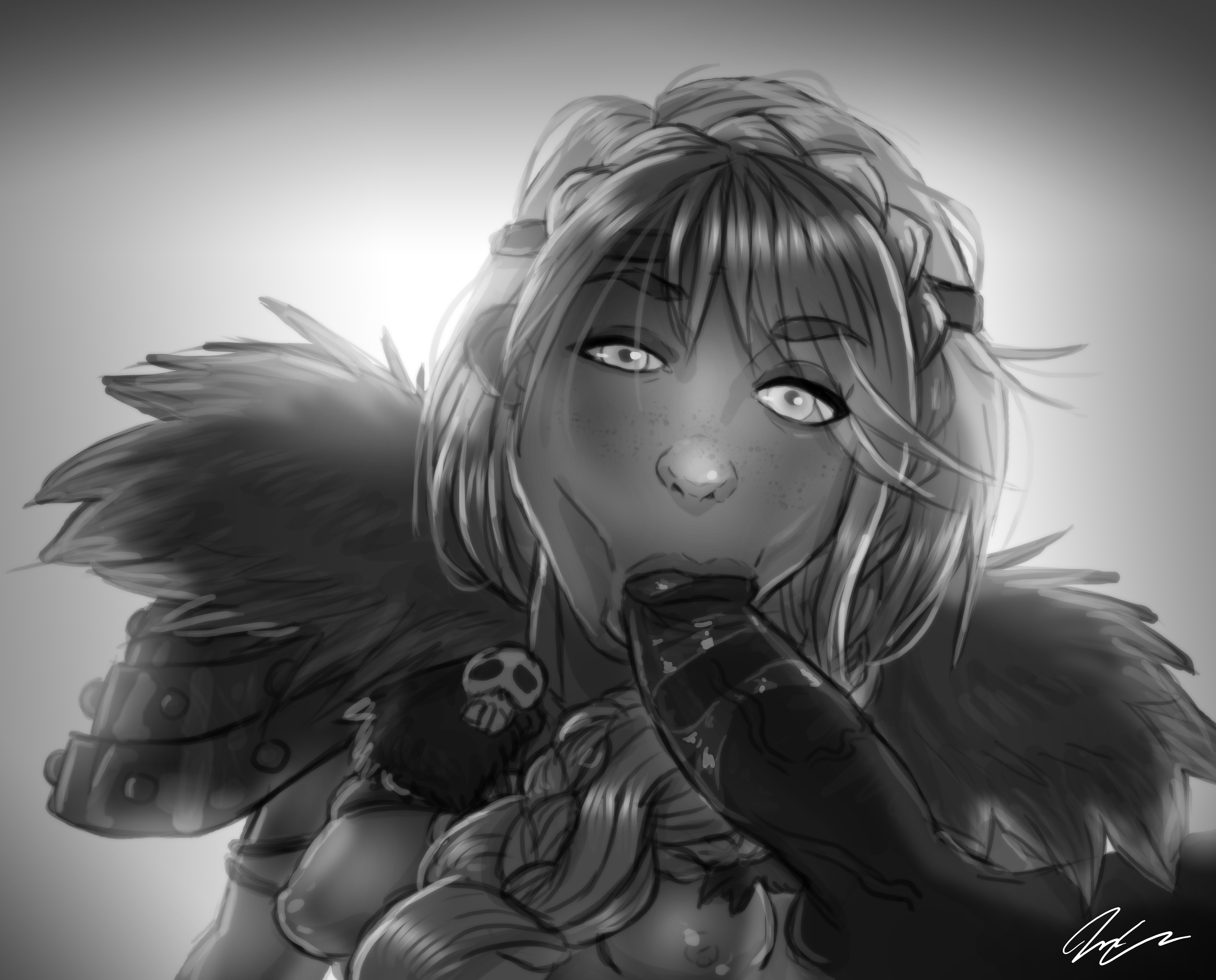1girls, areola, areolae, astrid hofferson, blowjob, blowjob face, breasts, dark skin, dark-skinned male, dreamworks, exposed, exposed breasts, exposed nipple, exposed nipples, exposed penis, fellatio, female, greyscale, how to train your dragon, interracial, light skin, light-skinned female, looking at viewer, male, male pov, nipples, no color, oral, oral penetration, oral sex, partially clothed, partially nude, partially nude female, penis, penis in mouth, penis out, pumpkinsinclair, saliva on penis, sucking, sucking off, sucking penis, tagme, unseen male face, veiny penis, voluptuous, voluptuous female