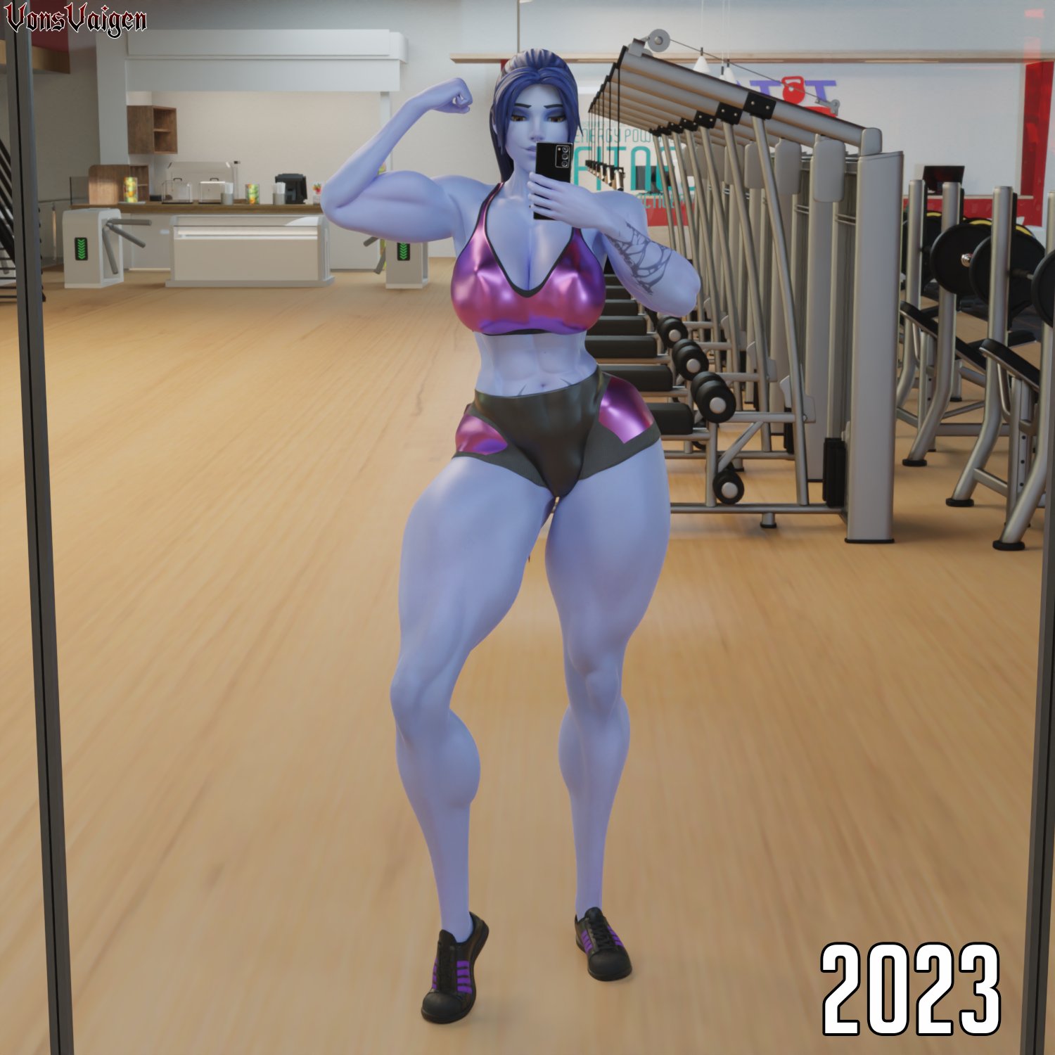 1girls, 3d, abs, alternate version available, amelie lacroix, big breasts, blizzard entertainment, breasts, female, female only, fit, fit female, flexing, flexing bicep, full body, gym, looking at viewer, muscle growth, muscles, muscular, muscular female, overwatch, overwatch 2, purple skin, selfie, short shorts, shorts, solo, sports bra, tattoo, thick thighs, vonsvaigen, wide hips, widowmaker, yellow eyes