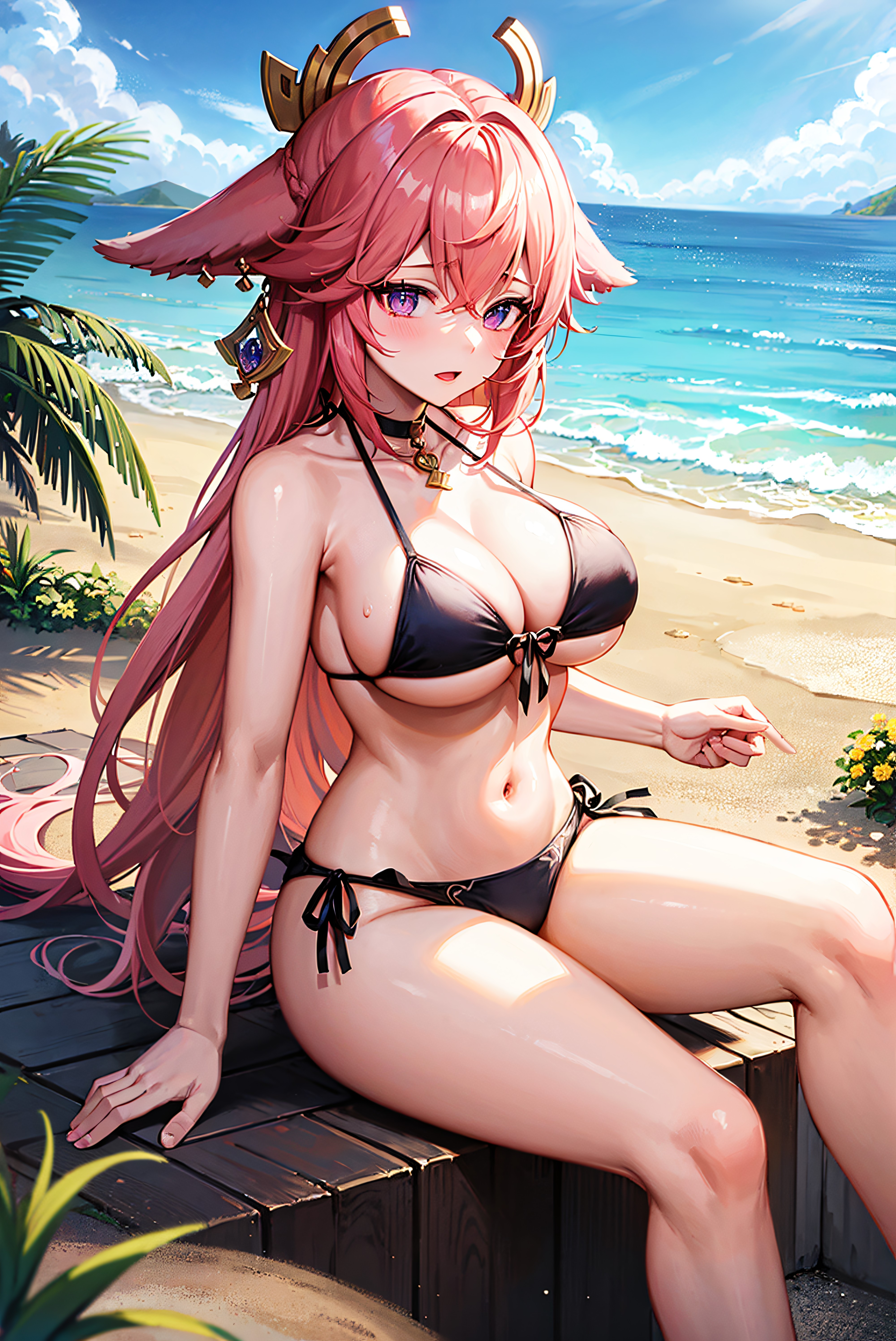 1girls, ai generated, bikini, curvy body, curvy female, curvy figure, female, female only, genshin impact, highres, long hair, mihoyo, pink hair, stable diffusion, voluptuous female, yae miko